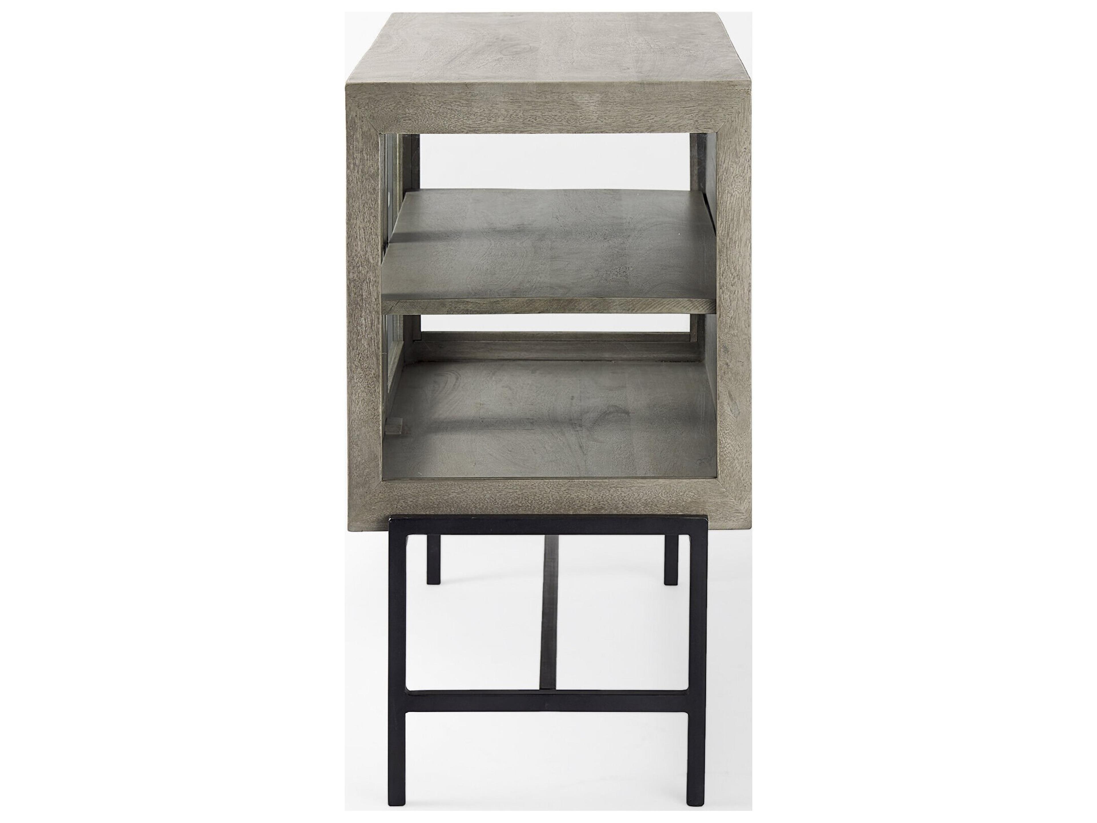 Mercana Arelius 36L x 18W x 32H Gray Wood, Black Metal Base w/ 2 Glass Doors Accent Cabinet
