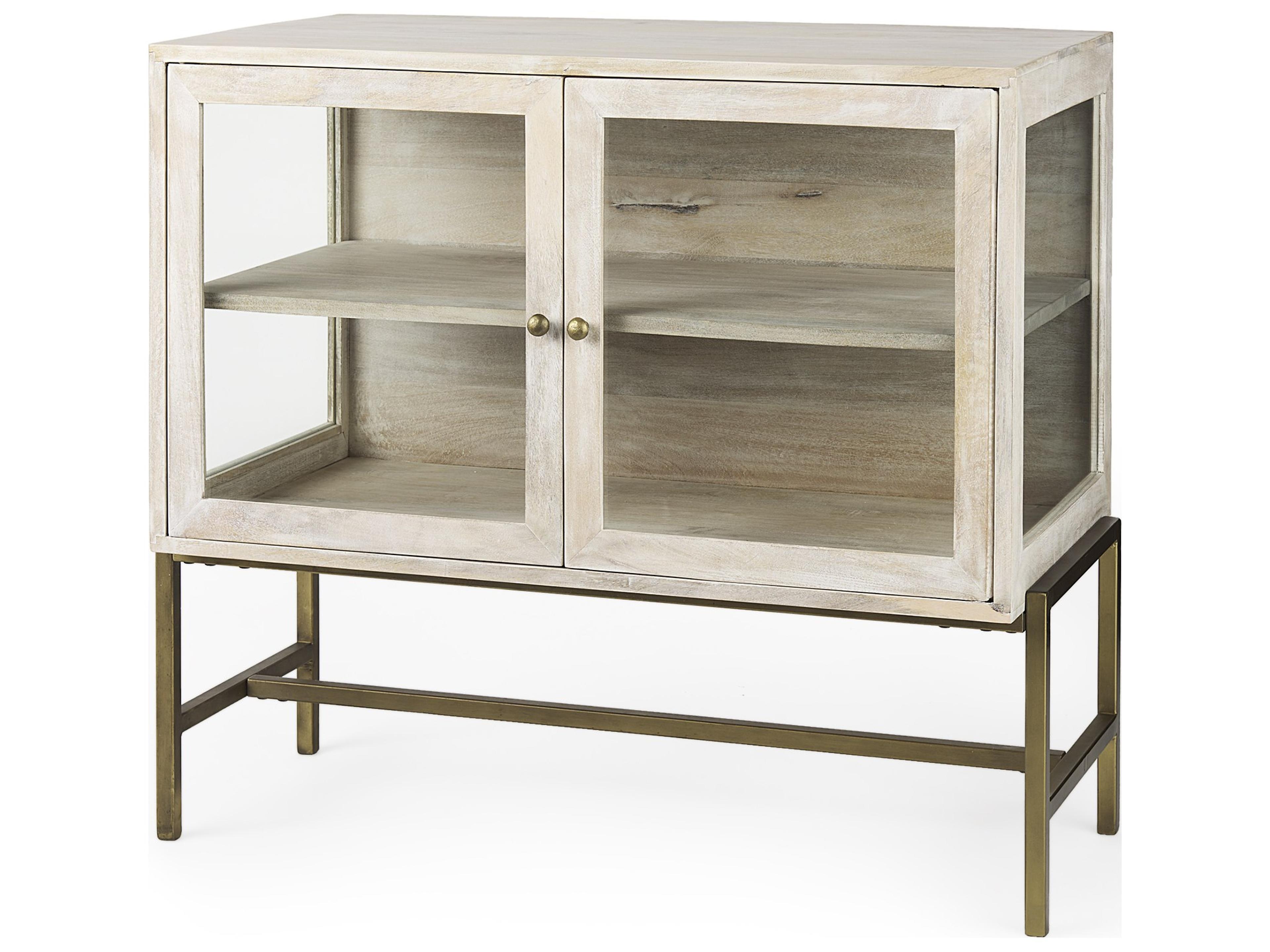 Arelius 36L x 18W x 32H White Wood, Gold Metal Base w/ 2 Glass Doors Accent Cabinet