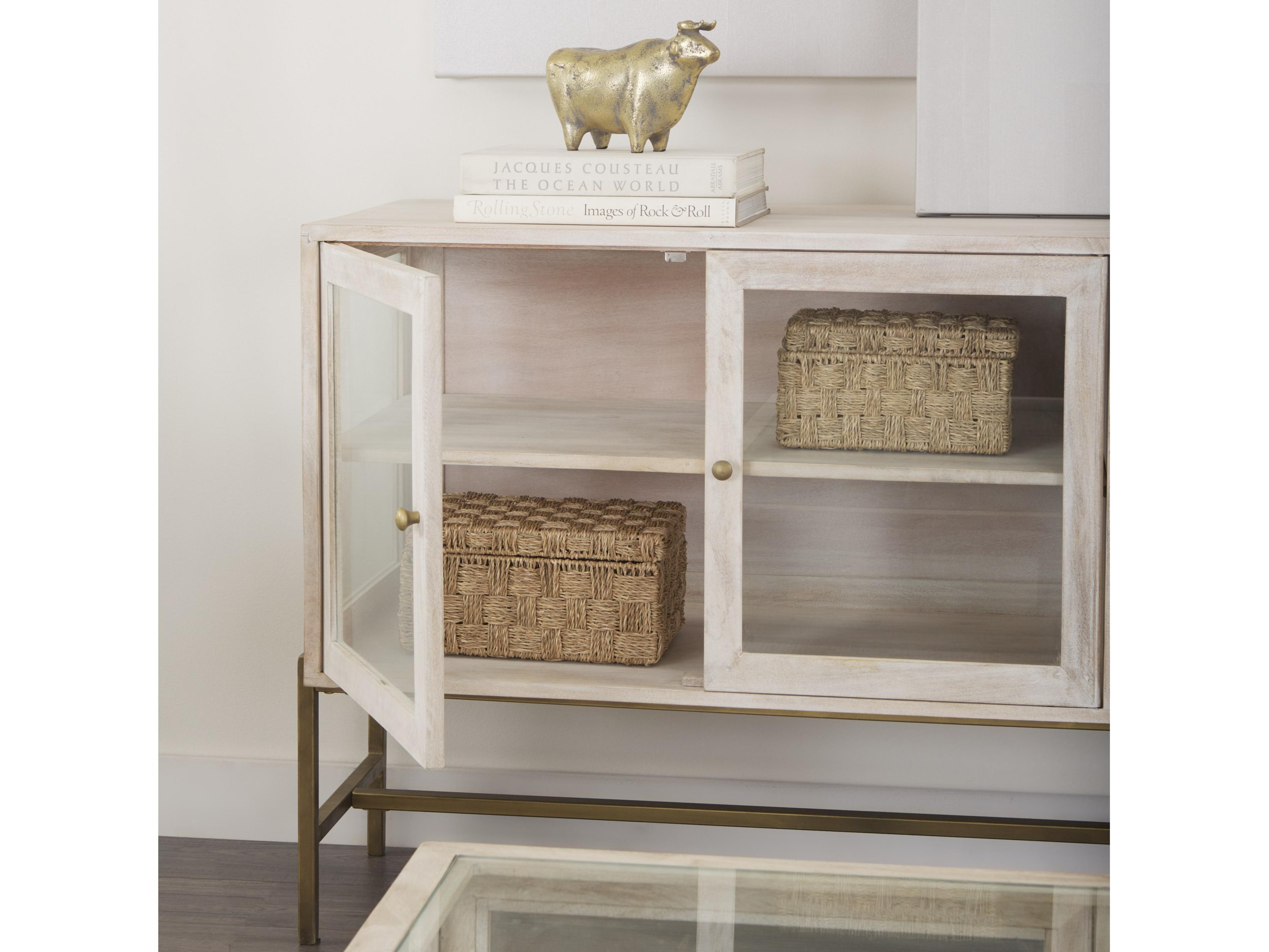 Mercana Arelius 36L x 18W x 32H White Wood, Gold Metal Base w/ 2 Glass Doors Accent Cabinet