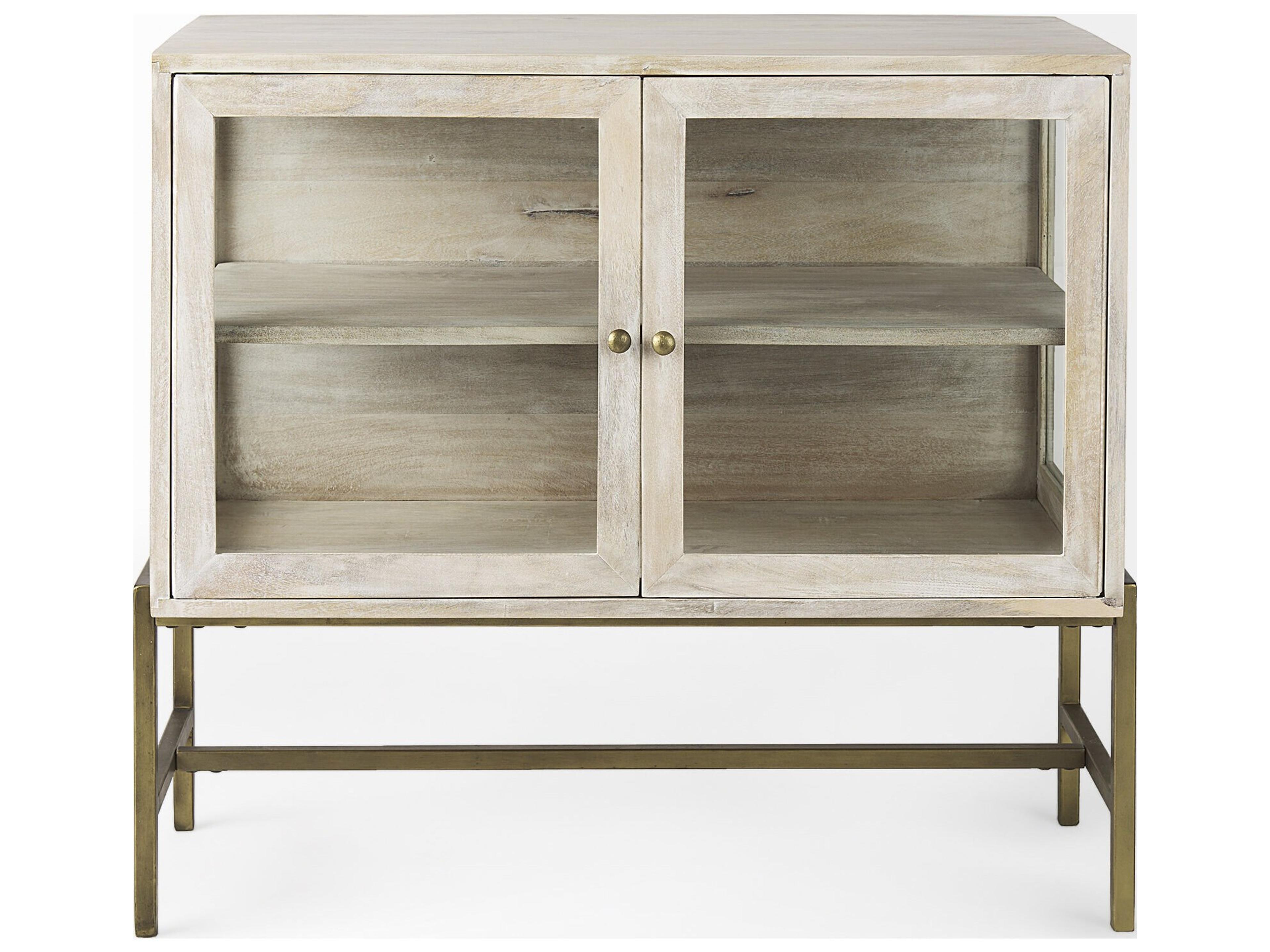 Mercana Arelius 36L x 18W x 32H White Wood, Gold Metal Base w/ 2 Glass Doors Accent Cabinet