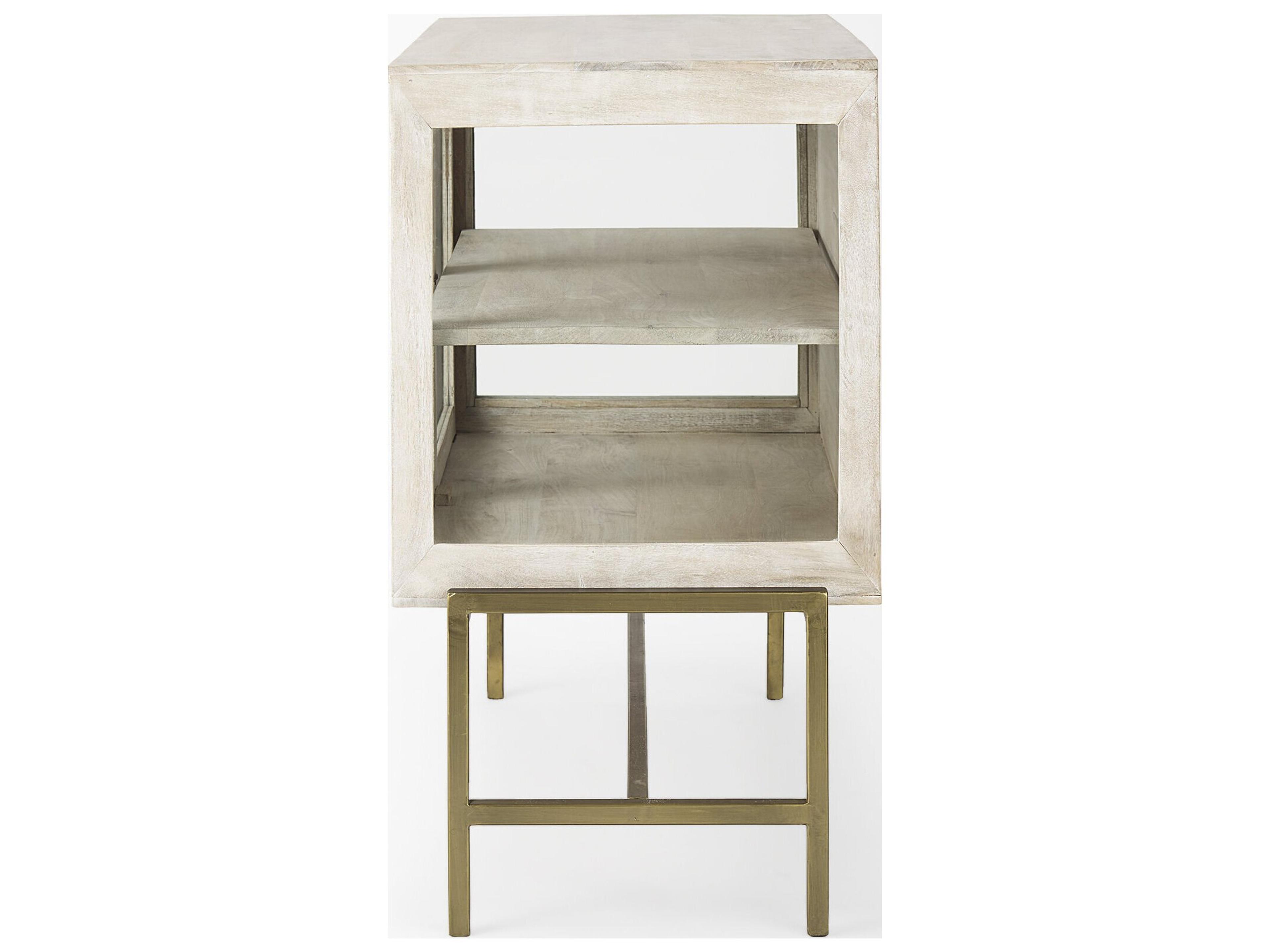 Mercana Arelius 36L x 18W x 32H White Wood, Gold Metal Base w/ 2 Glass Doors Accent Cabinet
