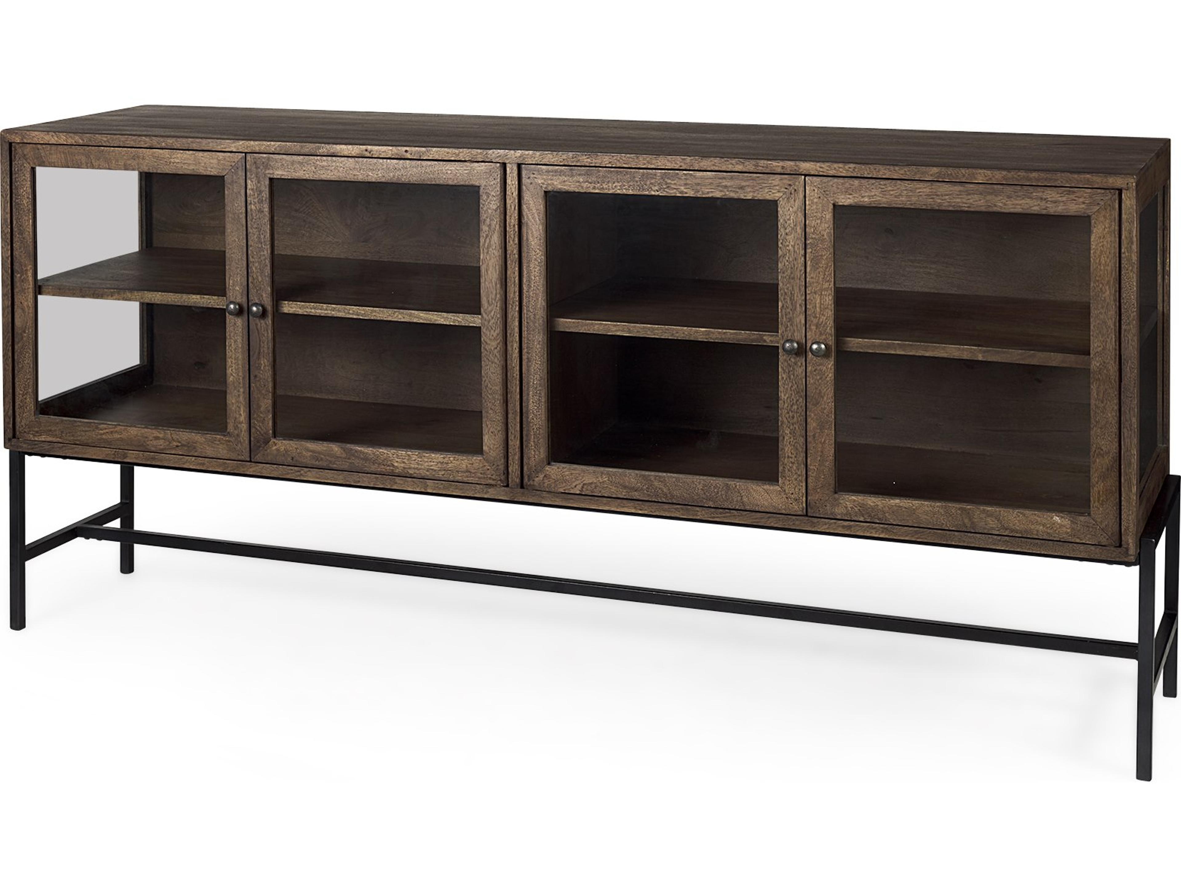 Arelius 70L x 18.75W x 32H Medium Brown, Black Metal Base w/ 4 Glass Door Cabinets Sideboard