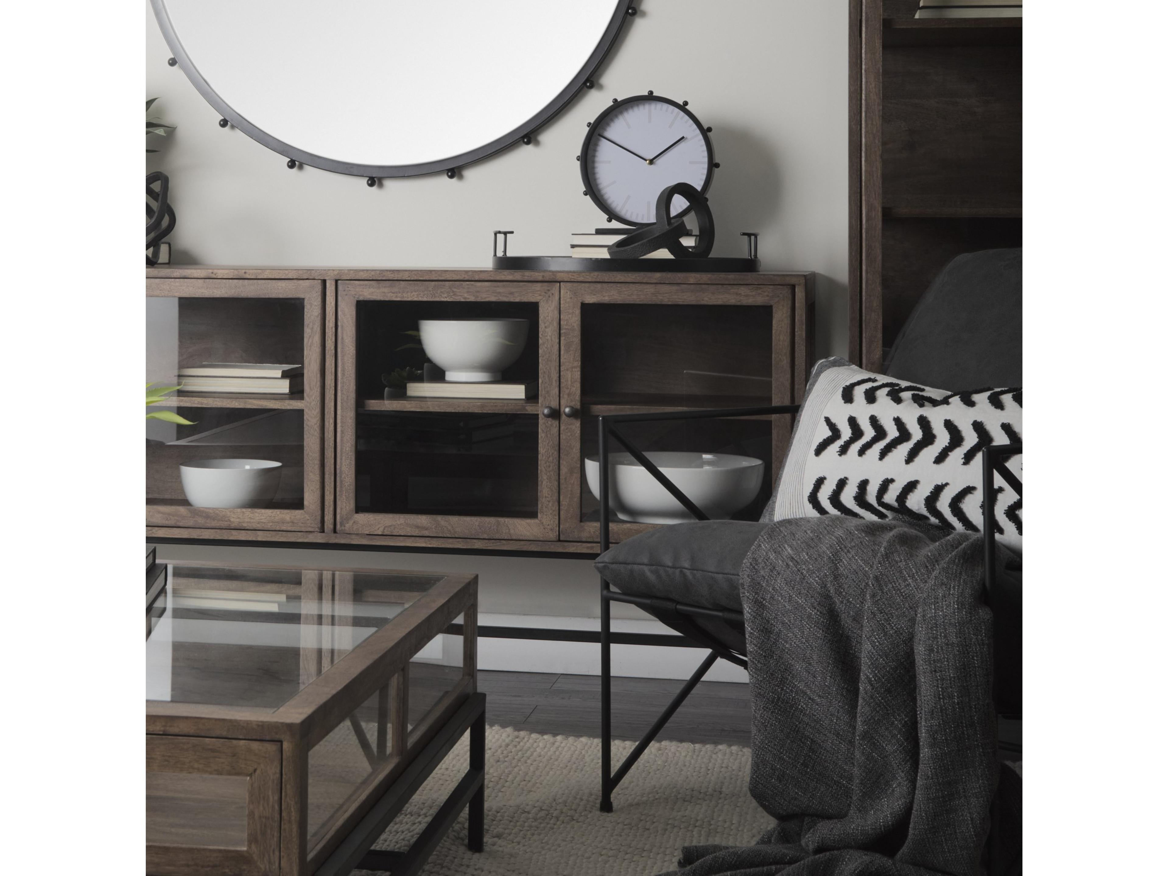 Mercana Arelius 70L x 18.75W x 32H Medium Brown, Black Metal Base w/ 4 Glass Door Cabinets Sideboard