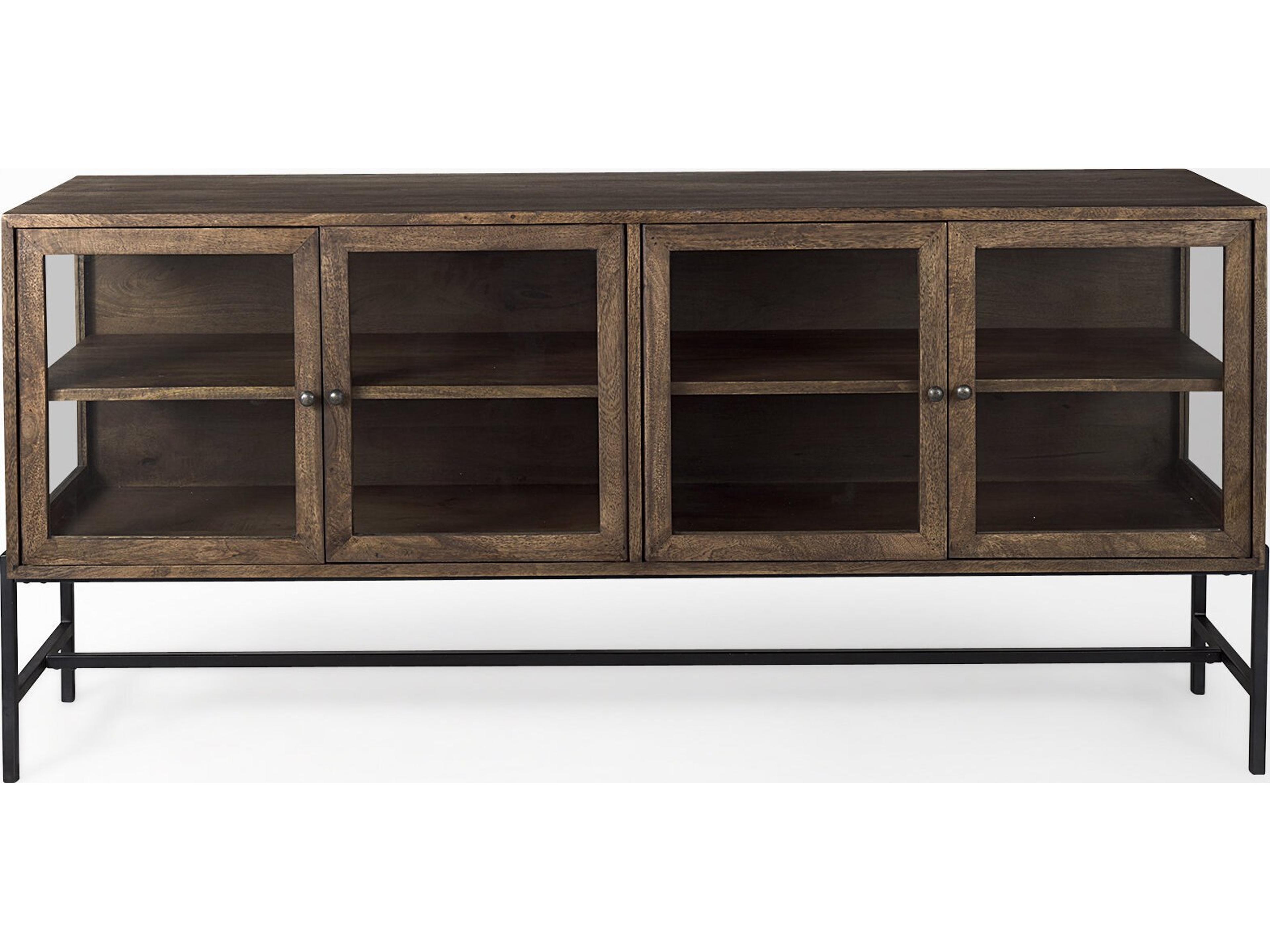 Mercana Arelius 70L x 18.75W x 32H Medium Brown, Black Metal Base w/ 4 Glass Door Cabinets Sideboard
