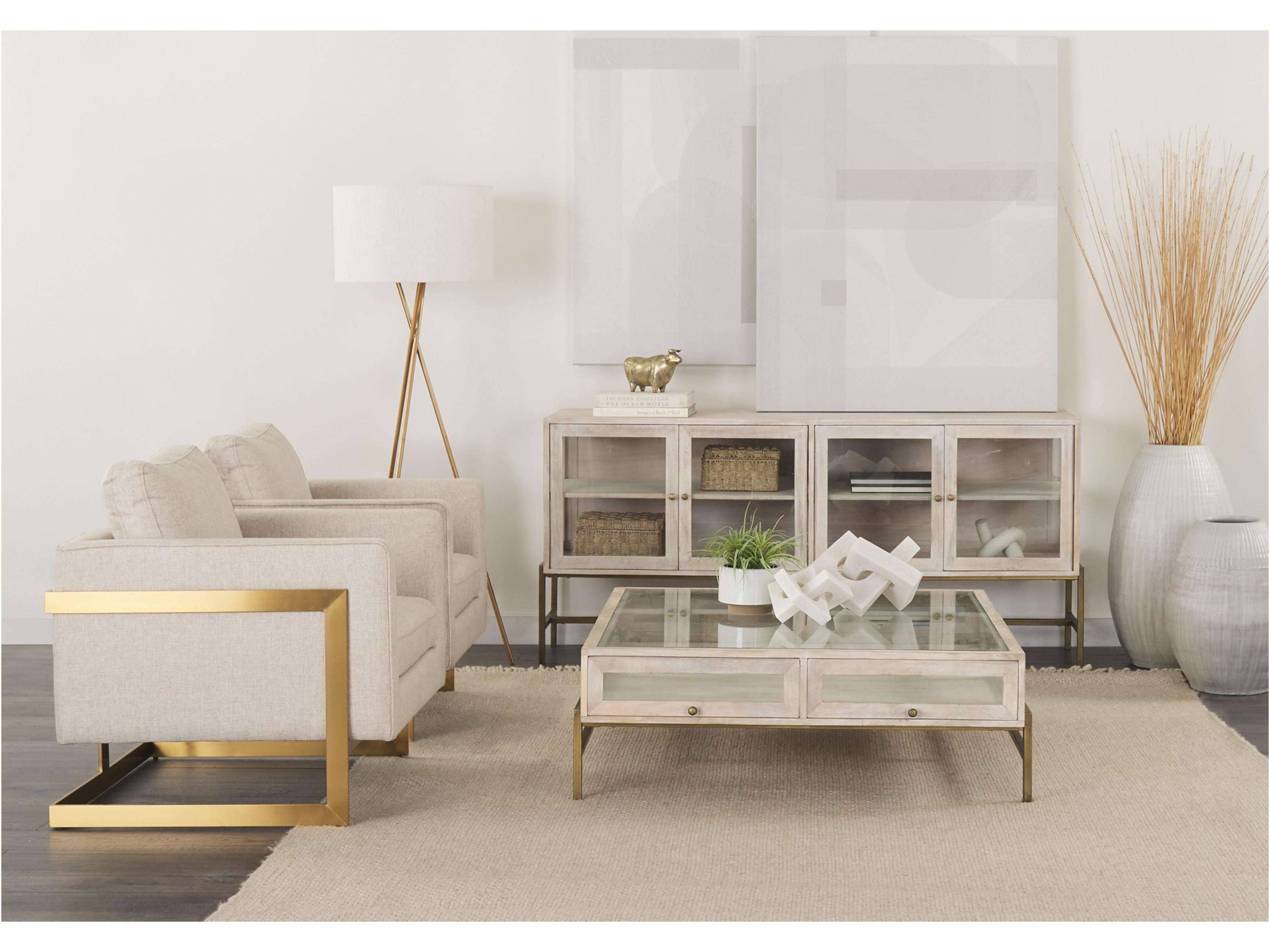 Mercana Arelius 70L x 18.75W x 32H White Wood W/ Gold Metal Base 4 Door Glass Cabinet Sideboard