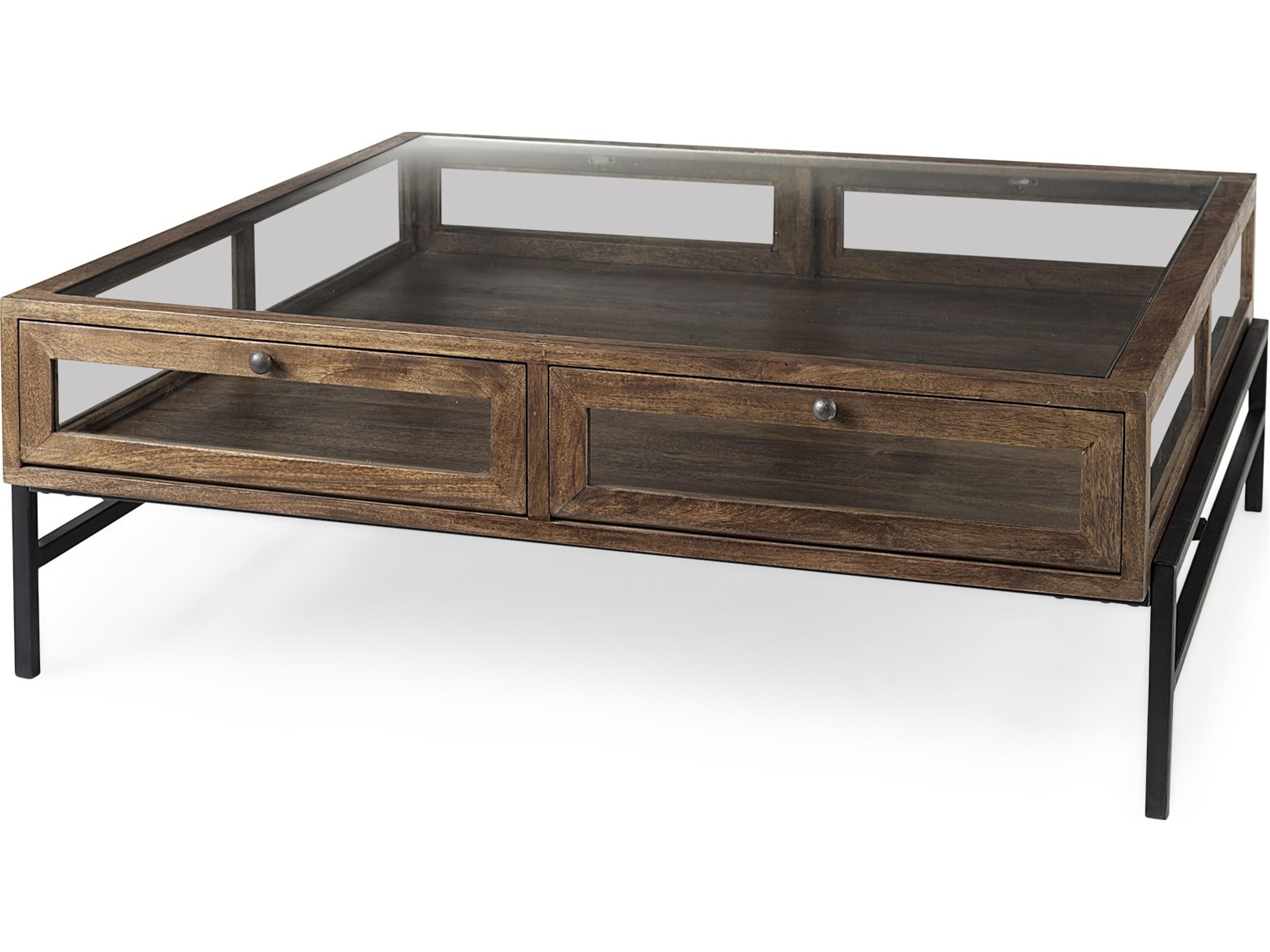Arelius 42" Square Glass-Top Medium Brown w/ Black Metal Base Display Coffee Table