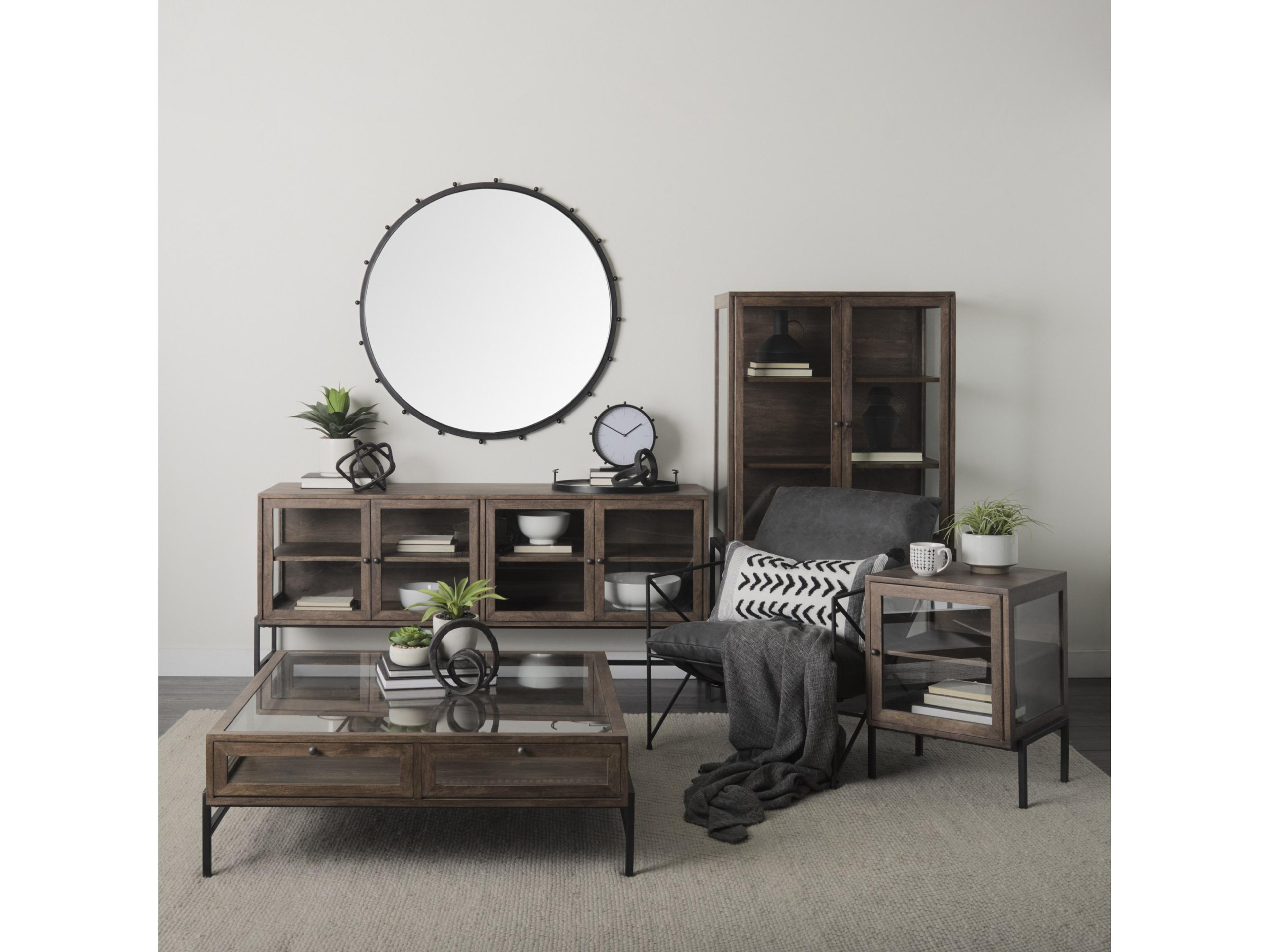 Mercana Arelius 42" Square Glass-Top Medium Brown w/ Black Metal Base Display Coffee Table