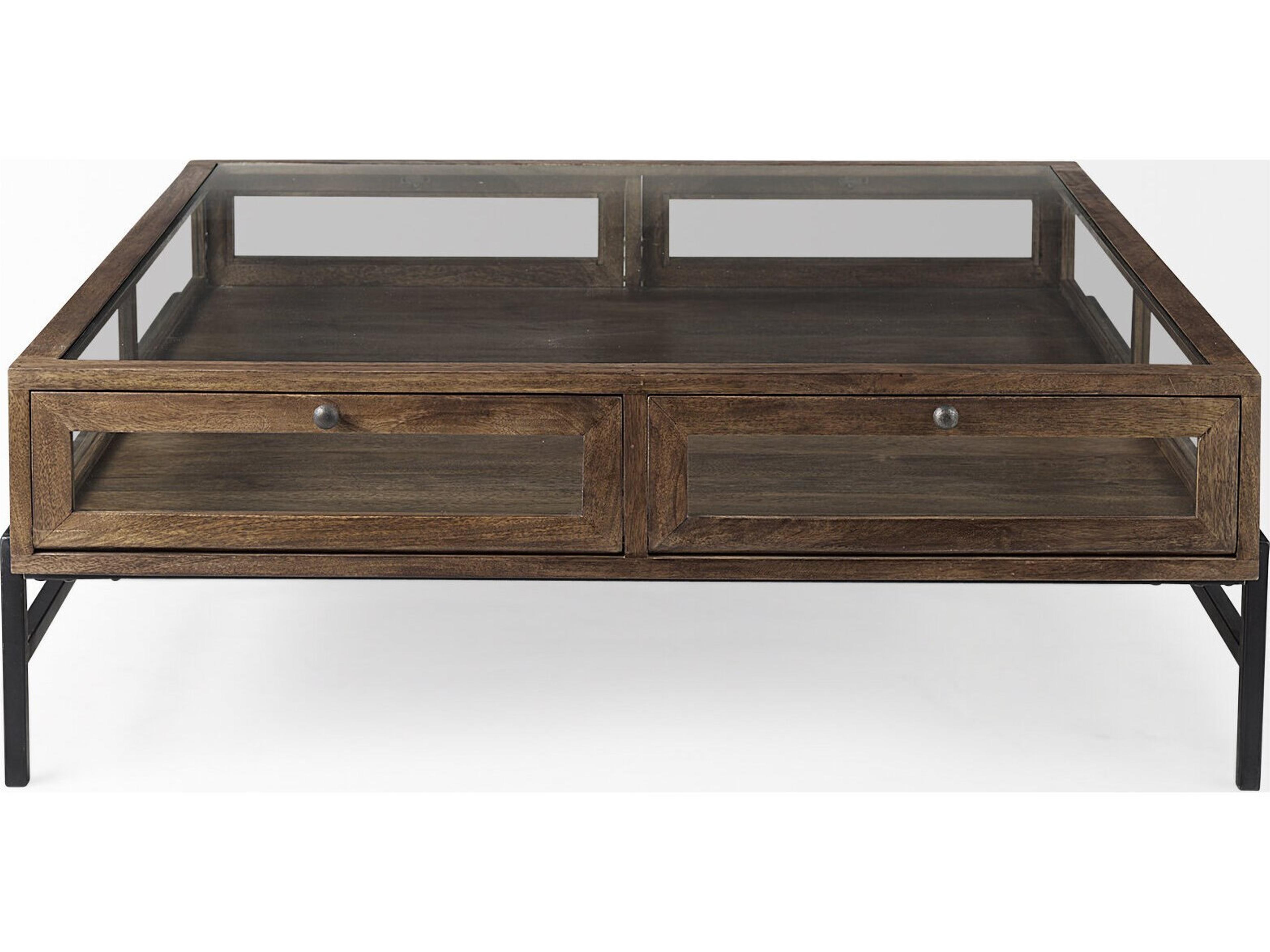 Mercana Arelius 42" Square Glass-Top Medium Brown w/ Black Metal Base Display Coffee Table