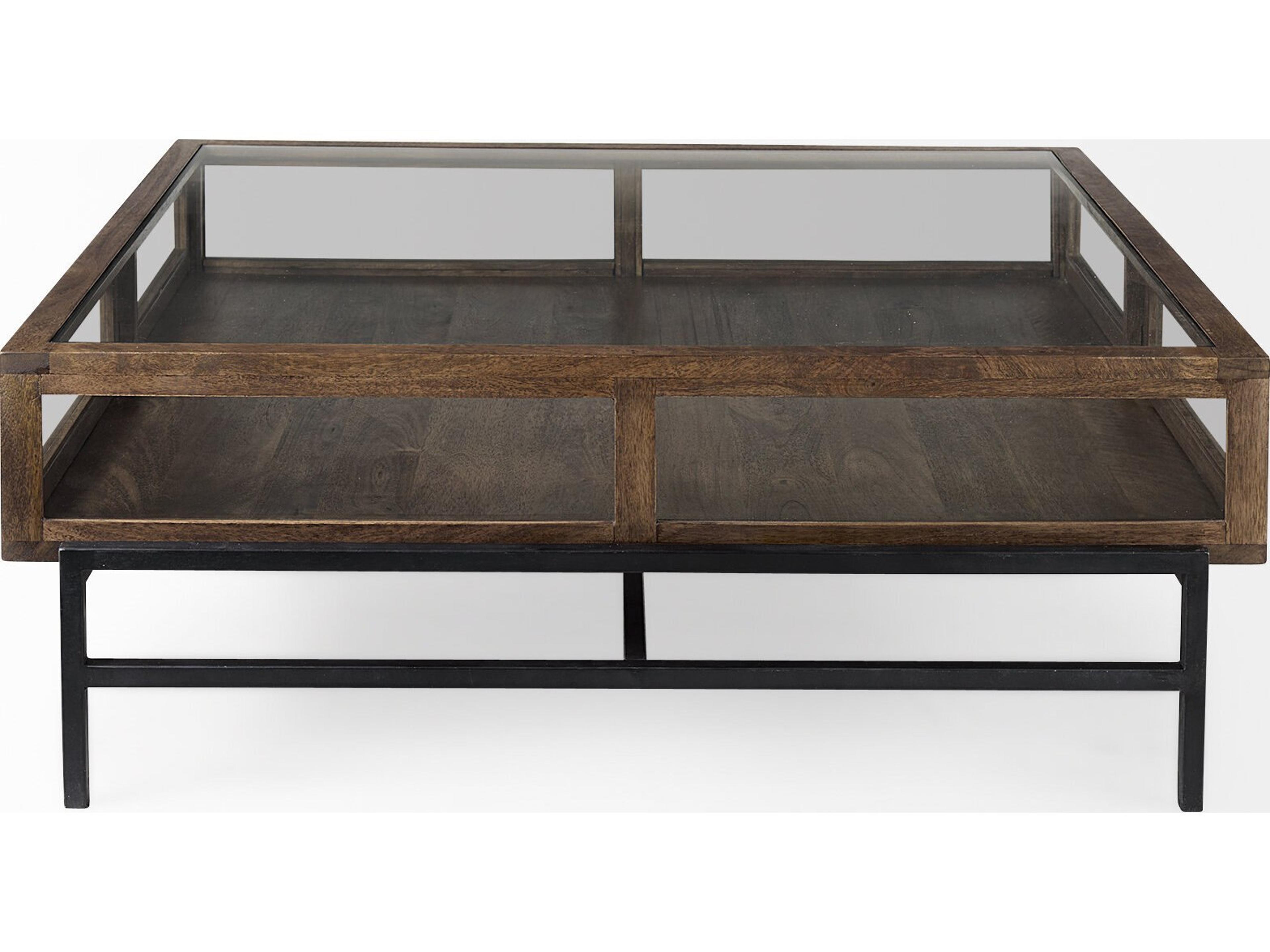 Mercana Arelius 42" Square Glass-Top Medium Brown w/ Black Metal Base Display Coffee Table