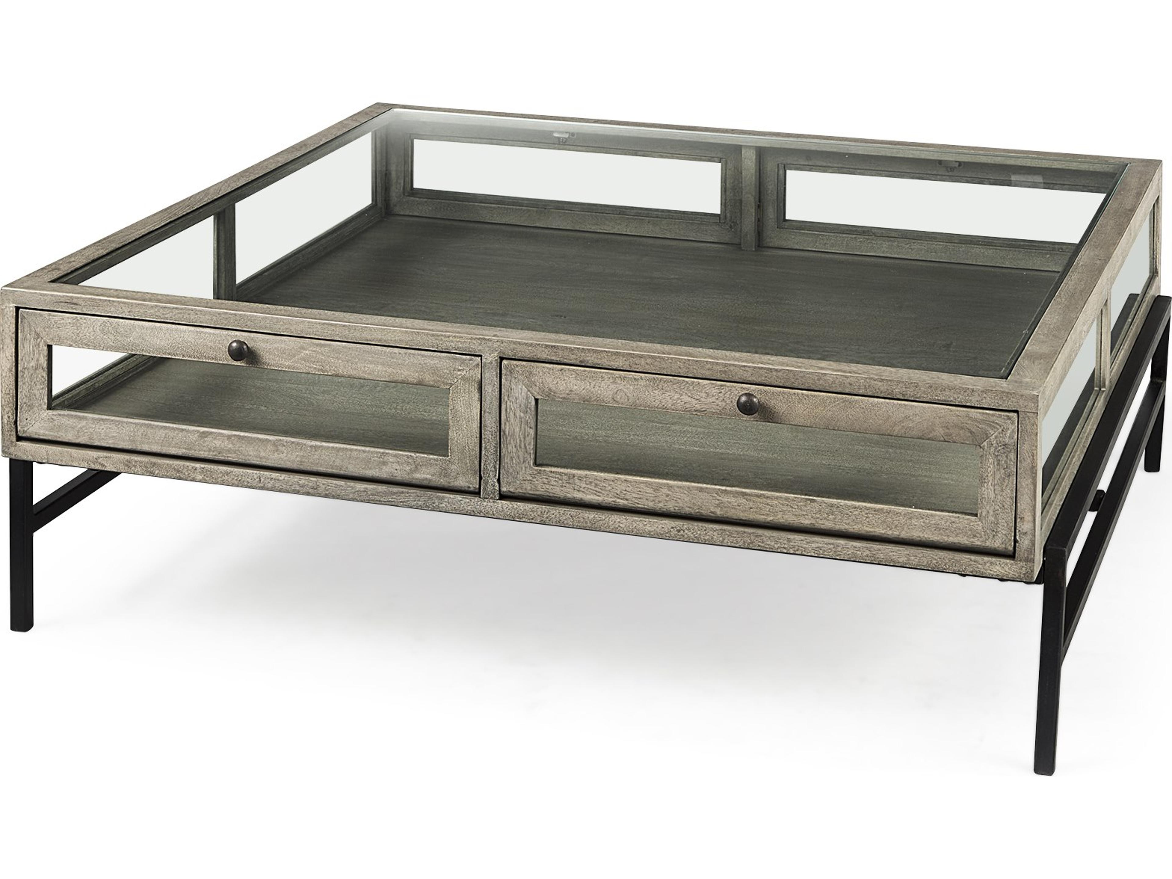 Arelius 42" Square Glass-Top Gray Wood w/ Black Metal Base Display Coffee Table