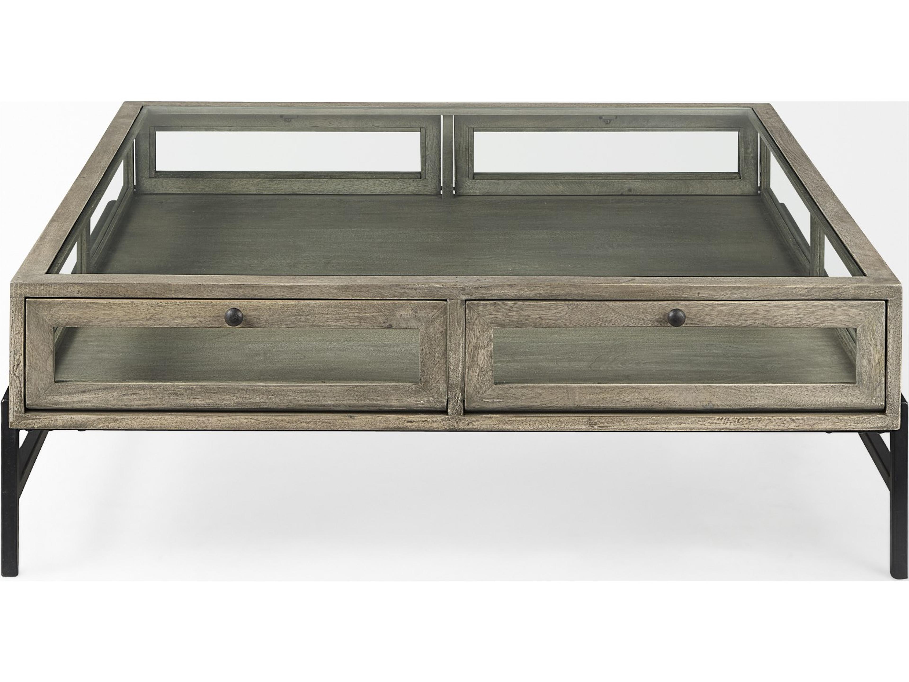 Mercana Arelius 42" Square Glass-Top Gray Wood w/ Black Metal Base Display Coffee Table