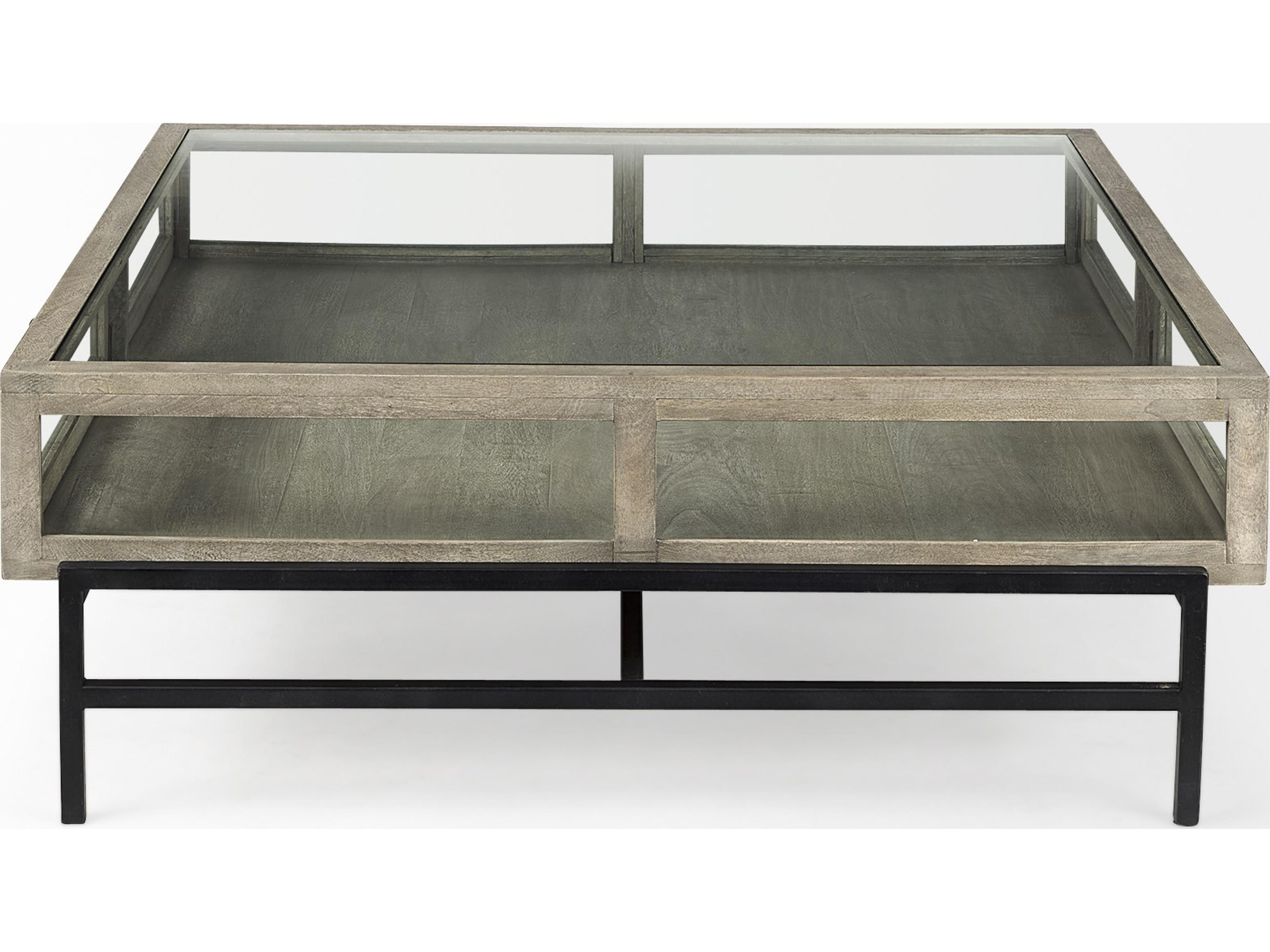 Mercana Arelius 42" Square Glass-Top Gray Wood w/ Black Metal Base Display Coffee Table