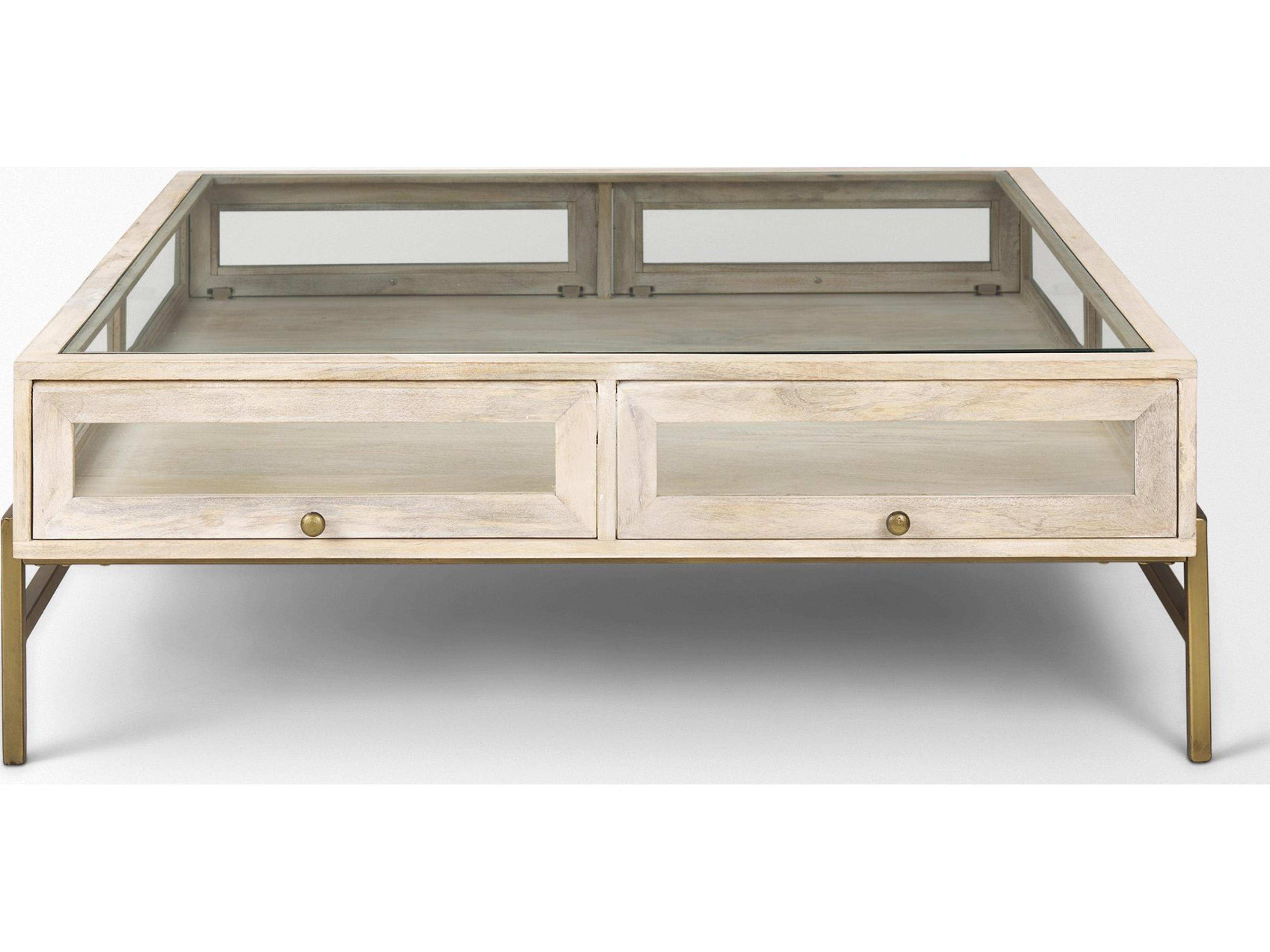 Mercana Arelius 42" Square Glass-Top White Wood w/ Gold Metal Base Display Coffee Table