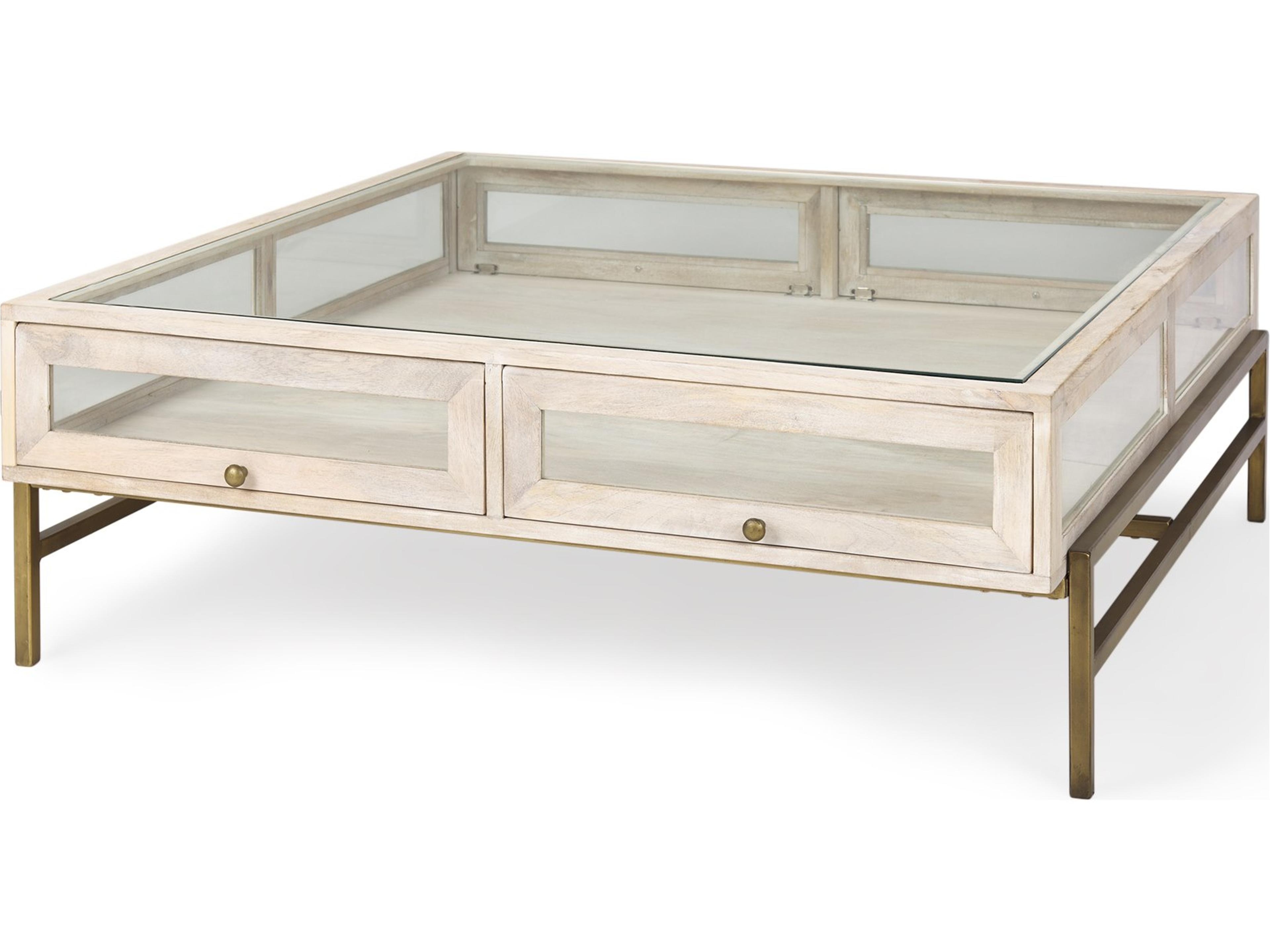 Arelius 42" Square Glass-Top White Wood w/ Gold Metal Base Display Coffee Table