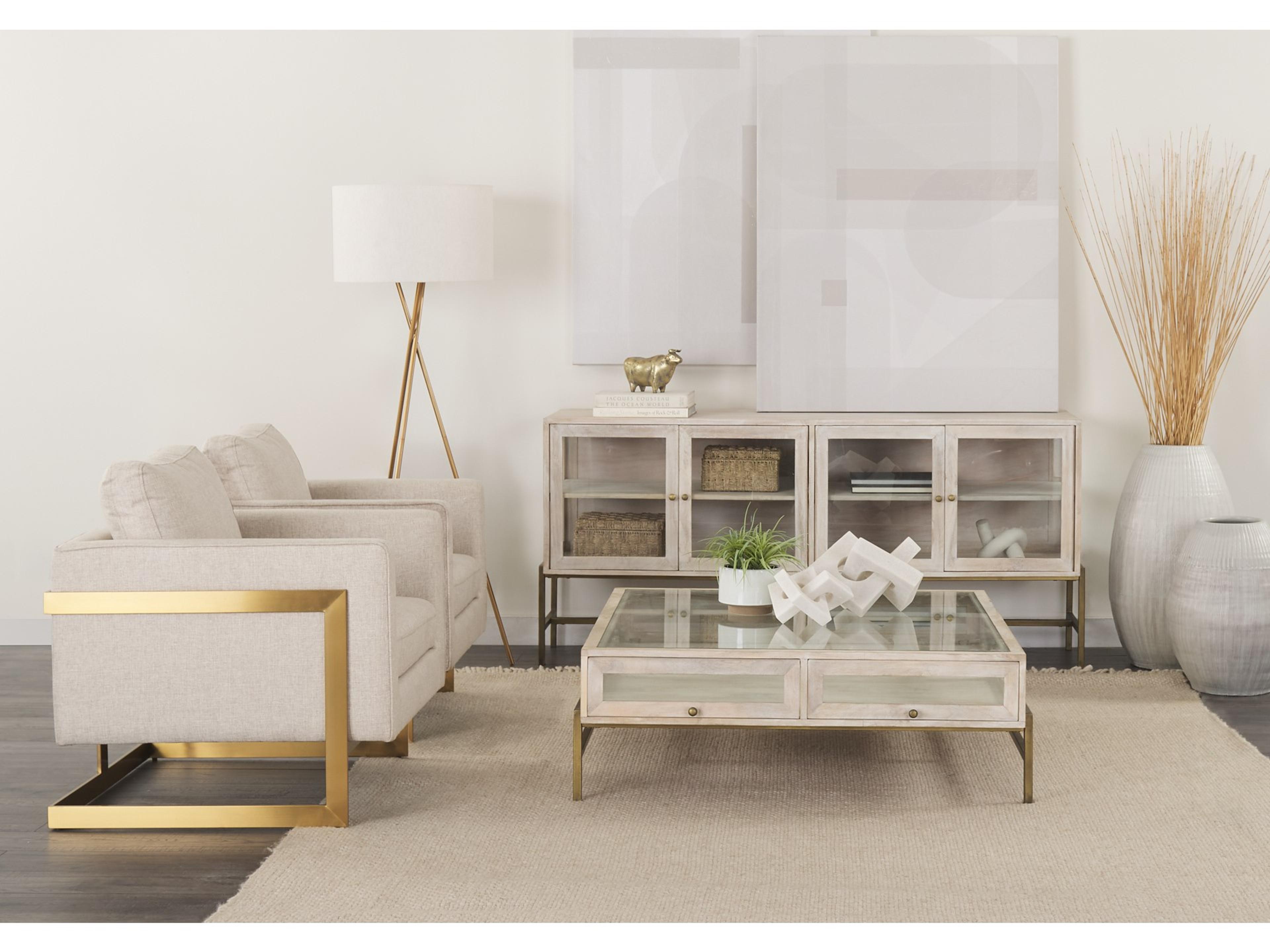 Mercana Arelius 42" Square Glass-Top White Wood w/ Gold Metal Base Display Coffee Table