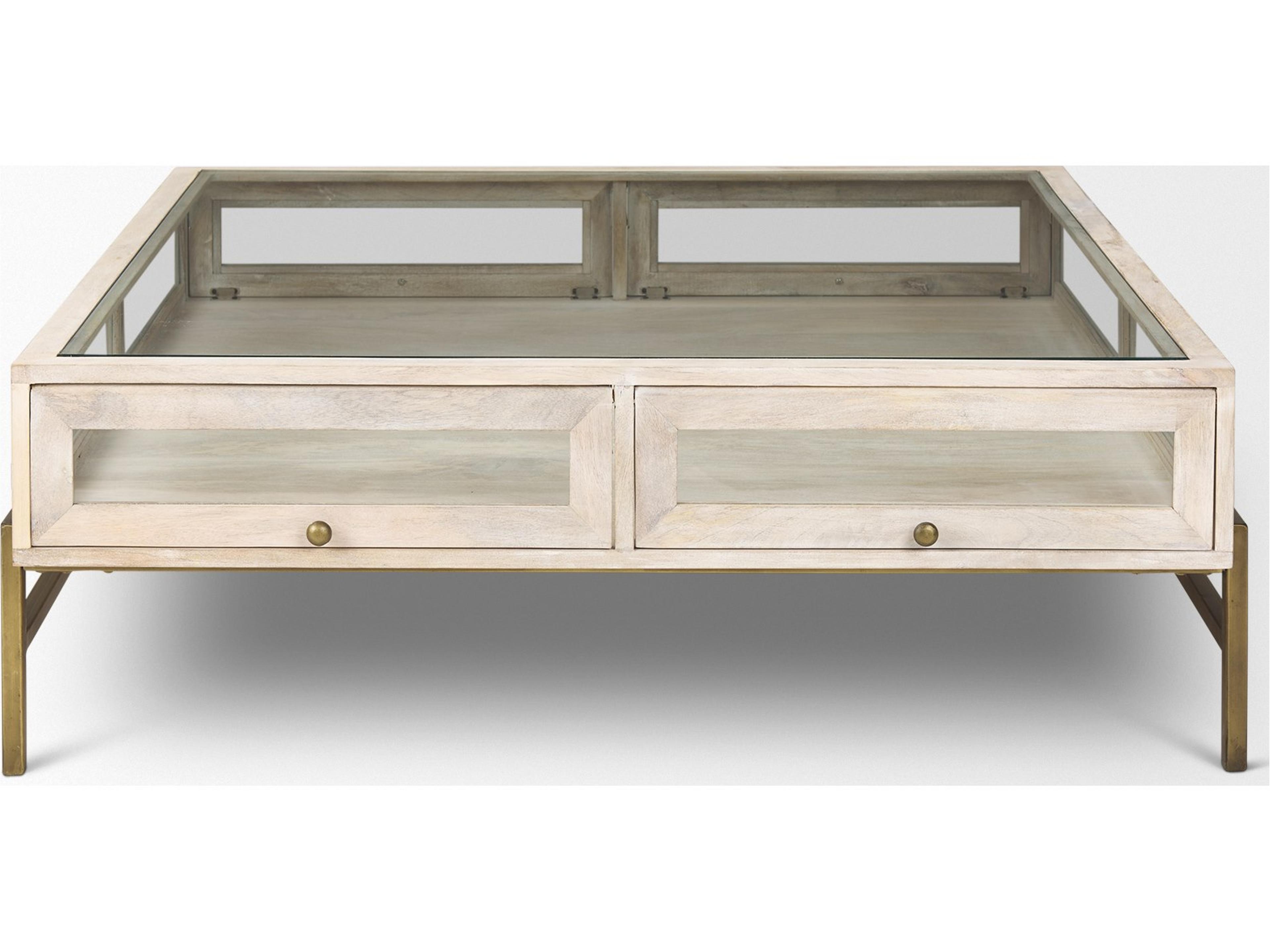 Mercana Arelius 42" Square Glass-Top White Wood w/ Gold Metal Base Display Coffee Table