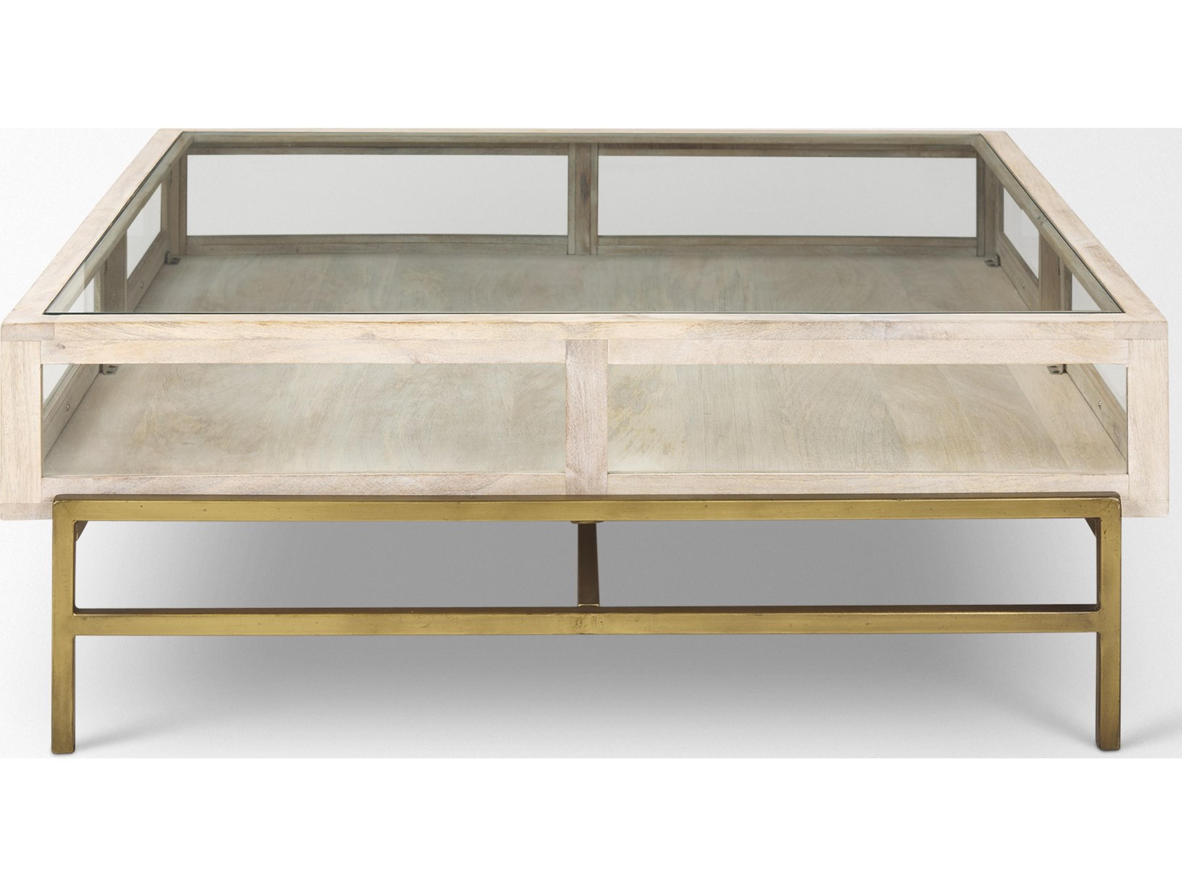 Mercana Arelius 42" Square Glass-Top White Wood w/ Gold Metal Base Display Coffee Table