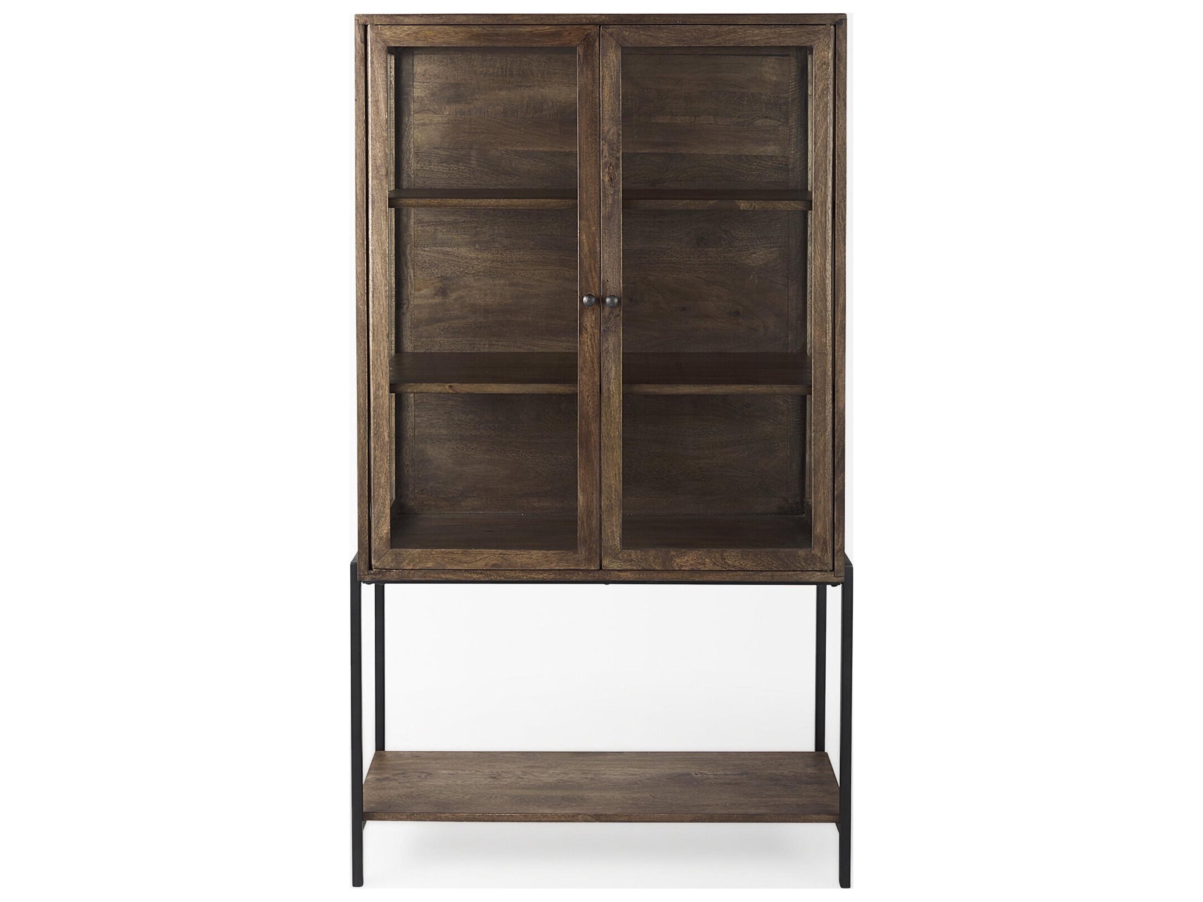 Mercana Arelius 36L x 18.75W x 63H Medium Brown Wood W/ Black Metal Base Display Cabinet