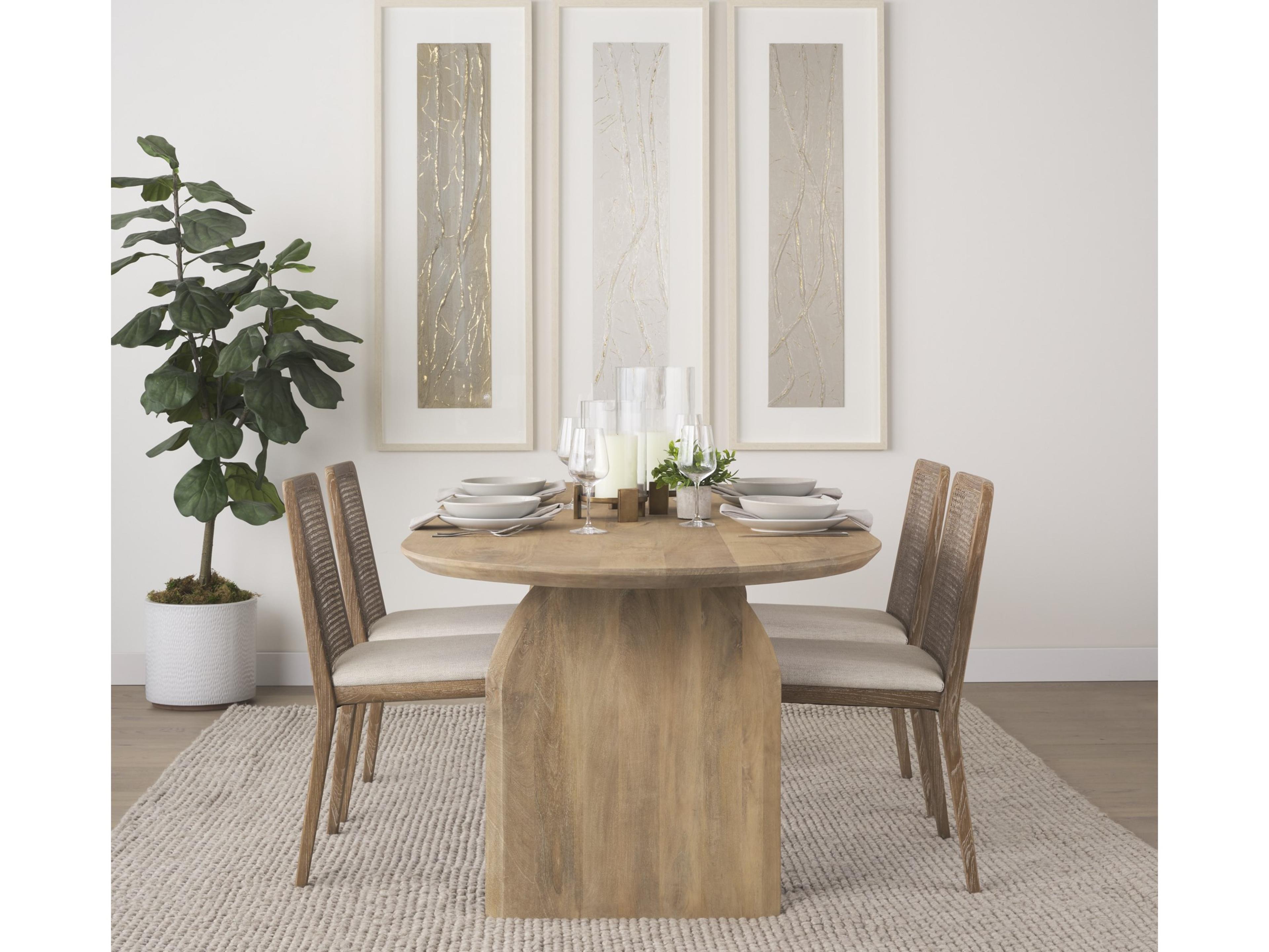 Mercana Clara Light Brown Wood W/ Cream Fabric Seat and Cane Back Armless Dining Chair