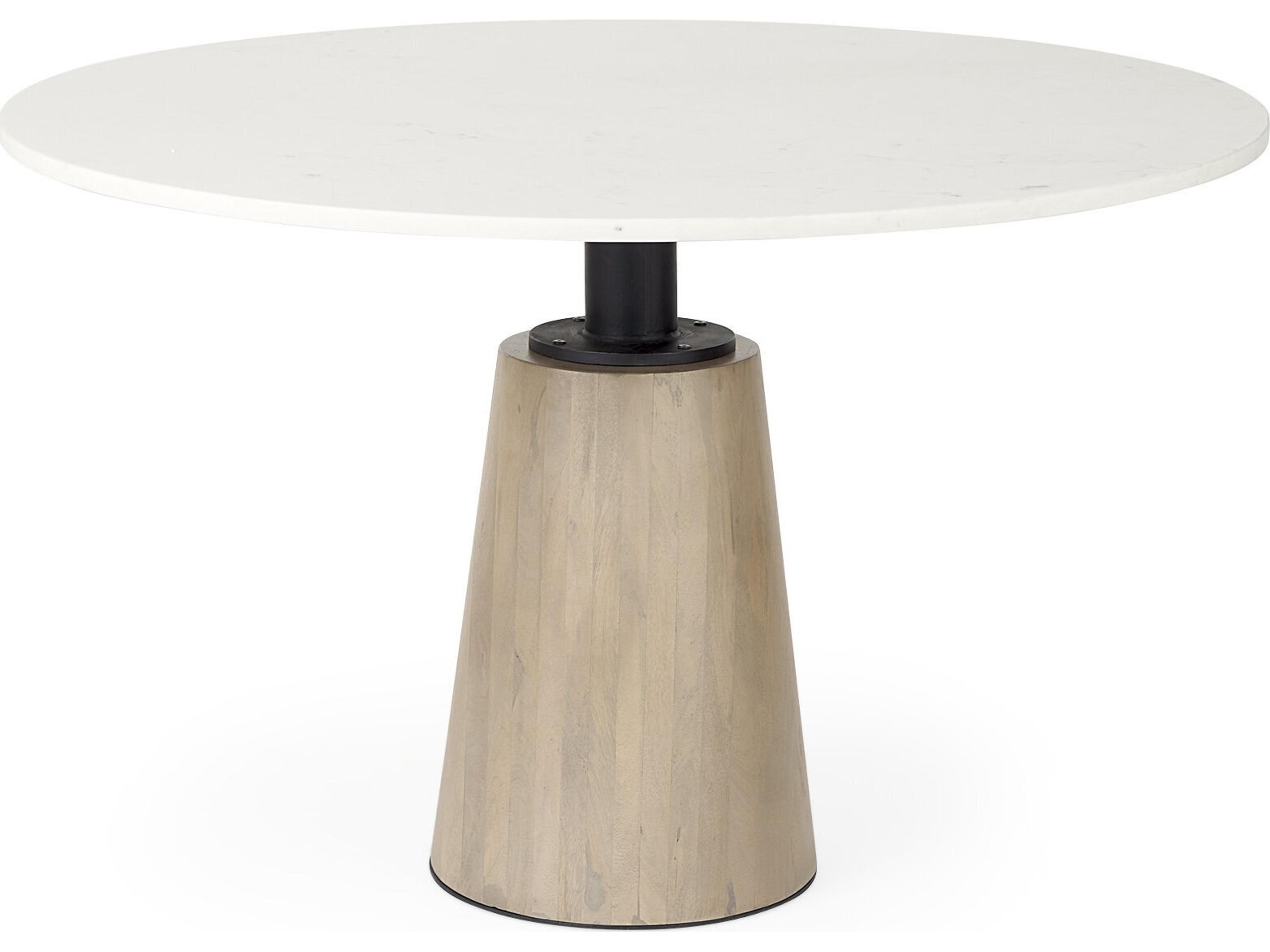 Maxwell 48L x 48W x 30H White Marble Round Top W/ Black Metal and Wood Pedestal Base Dining Table