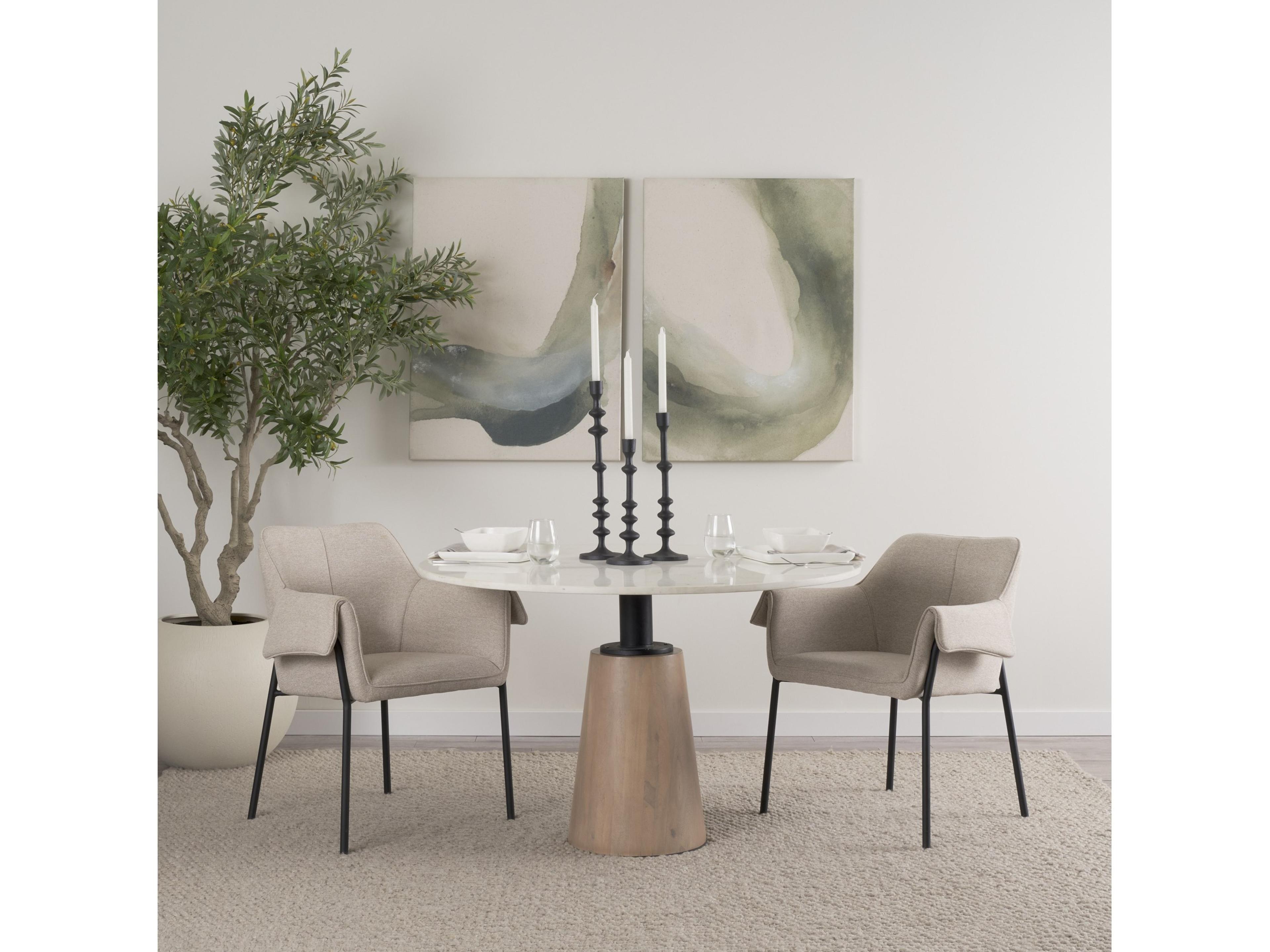 Mercana Maxwell 48L x 48W x 30H White Marble Round Top W/ Black Metal and Wood Pedestal Base Dining Table