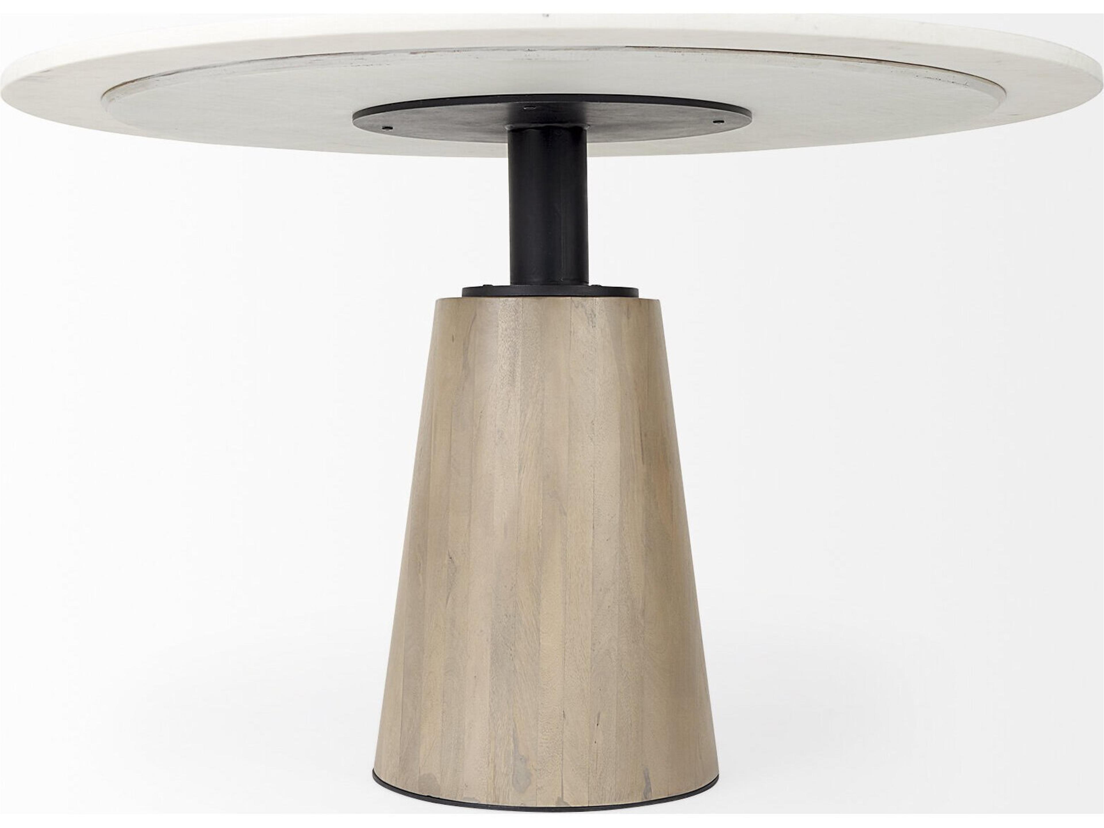 Mercana Maxwell 48L x 48W x 30H White Marble Round Top W/ Black Metal and Wood Pedestal Base Dining Table