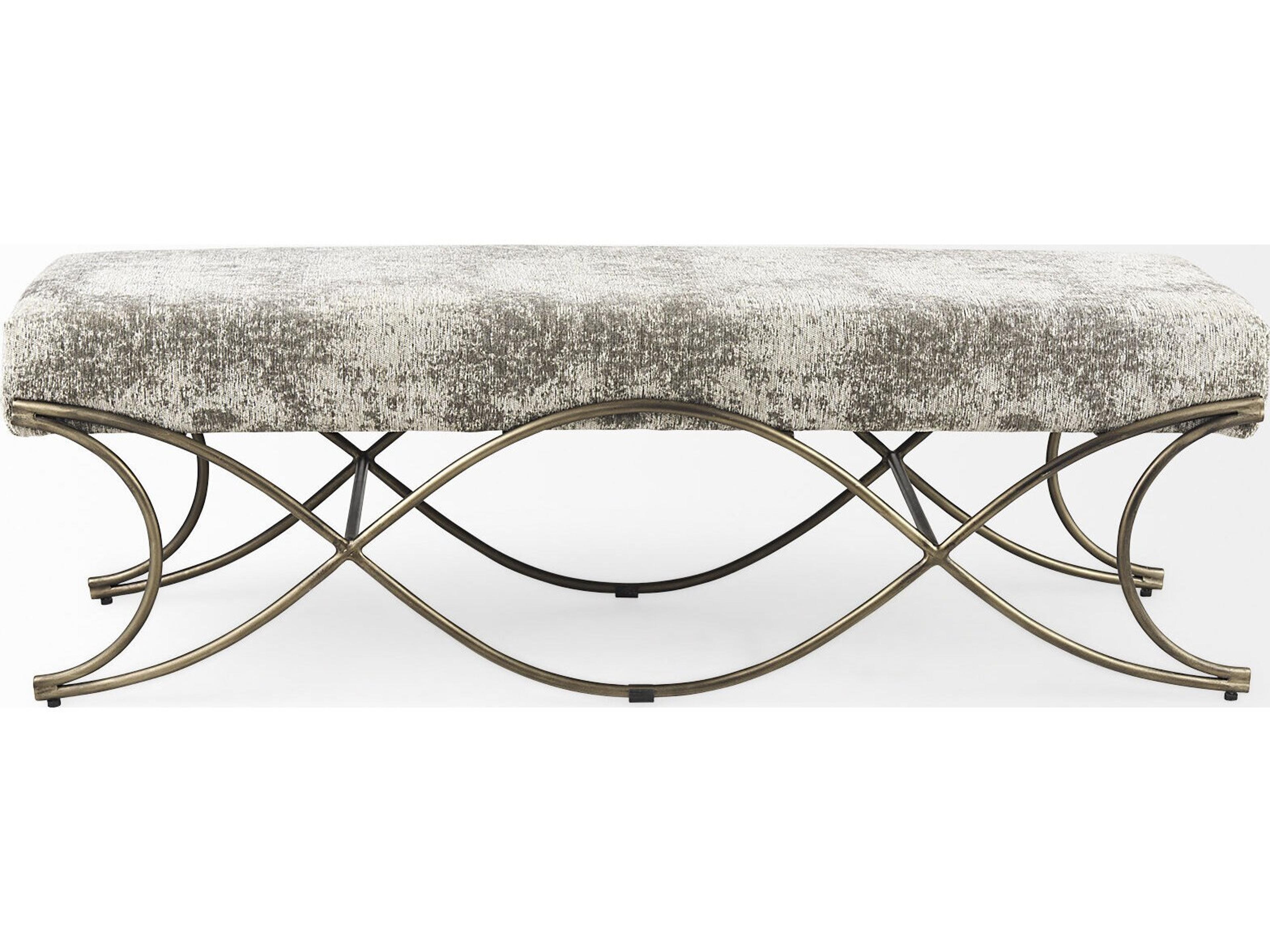 Mercana Ayla 55L x 17.6W x 18H Light and Dark Gray Fabric Seat W/ Antique Gold Metal Frame Bench