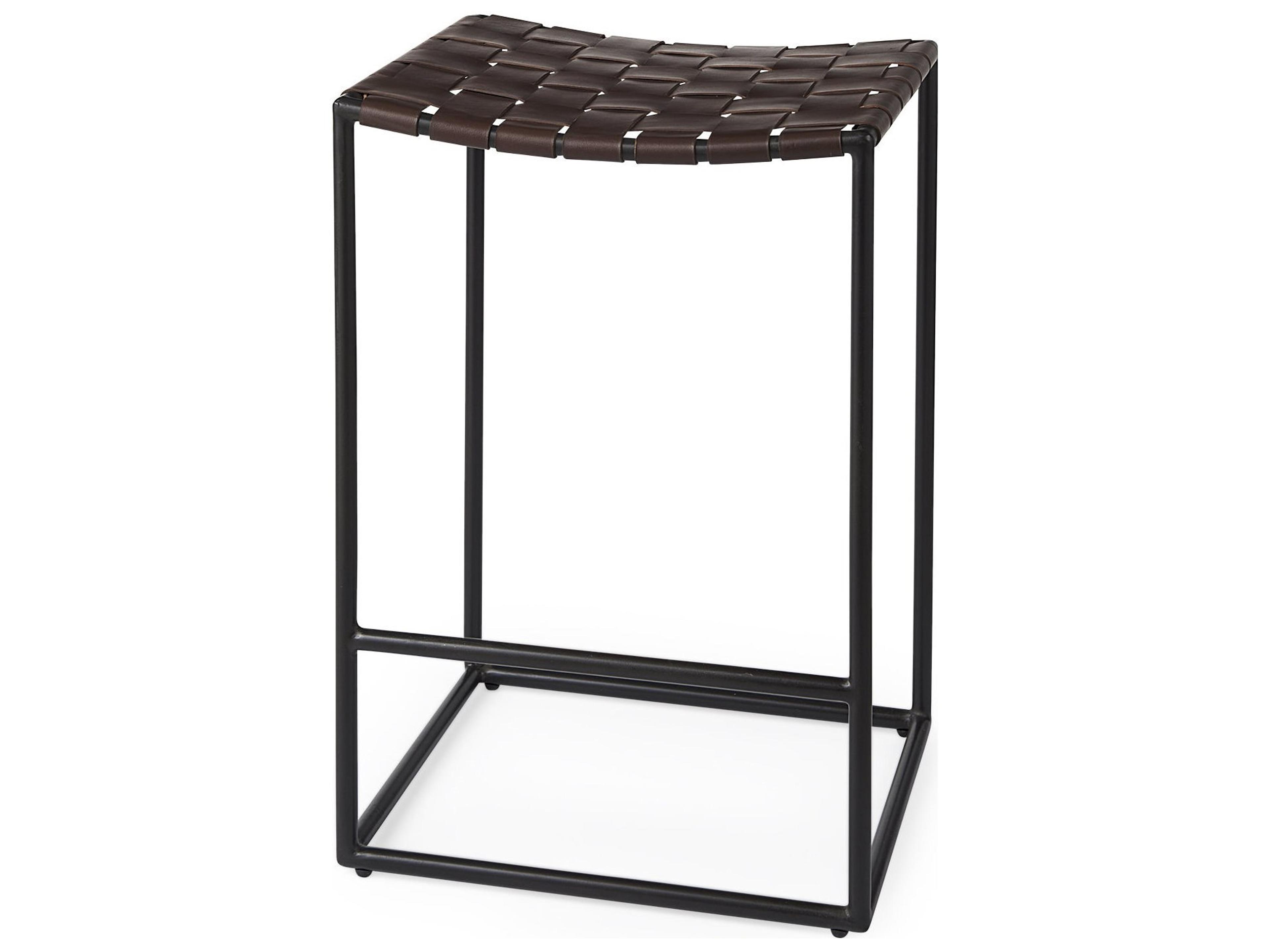 Clarissa 18.0L x 16.0W x 26.25H Dark Brown Woven Leather Seat W/ Black Iron Frame Counter Stool