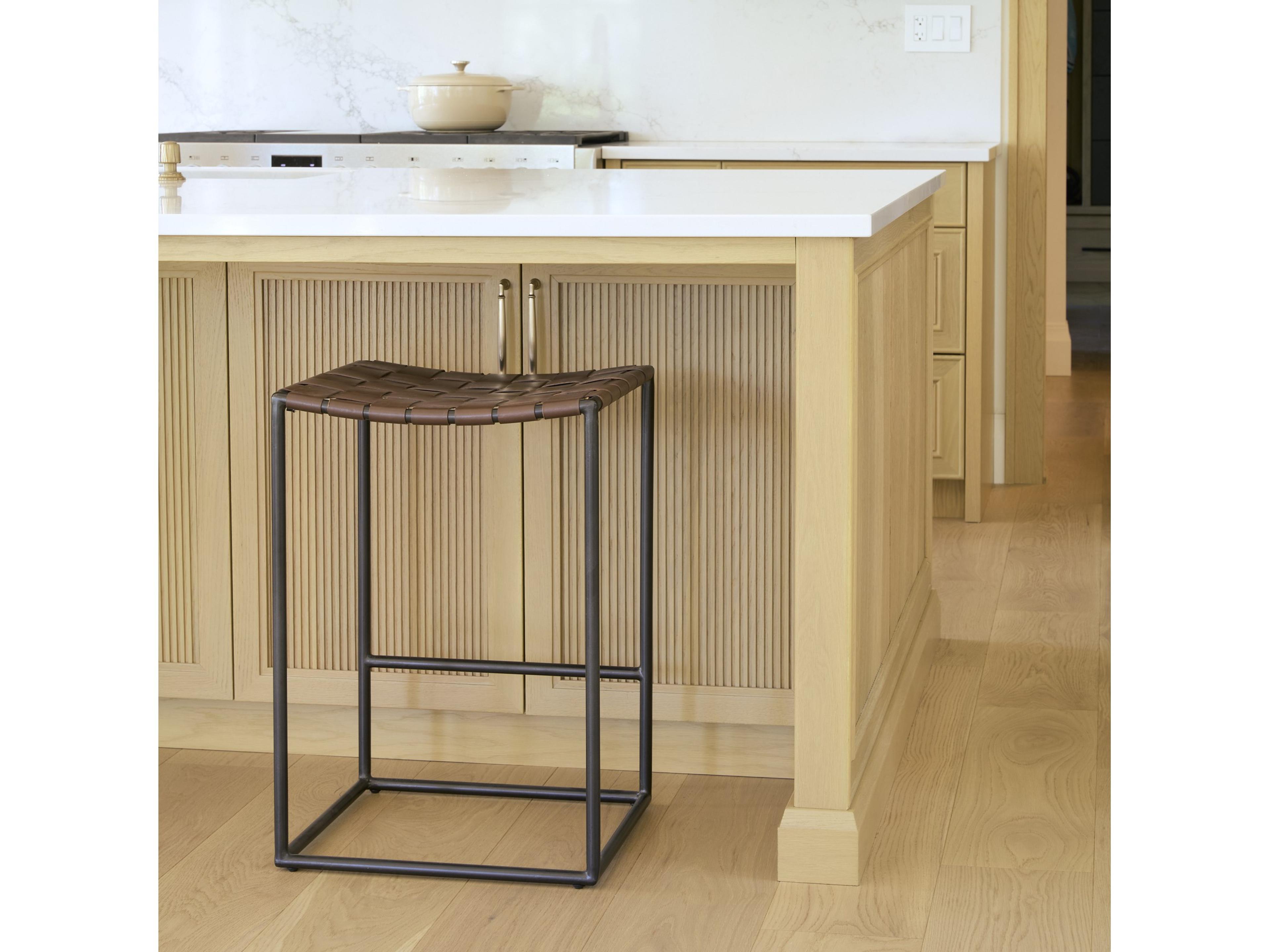 Mercana Clarissa 18.0L x 16.0W x 26.25H Dark Brown Woven Leather Seat W/ Black Iron Frame Counter Stool