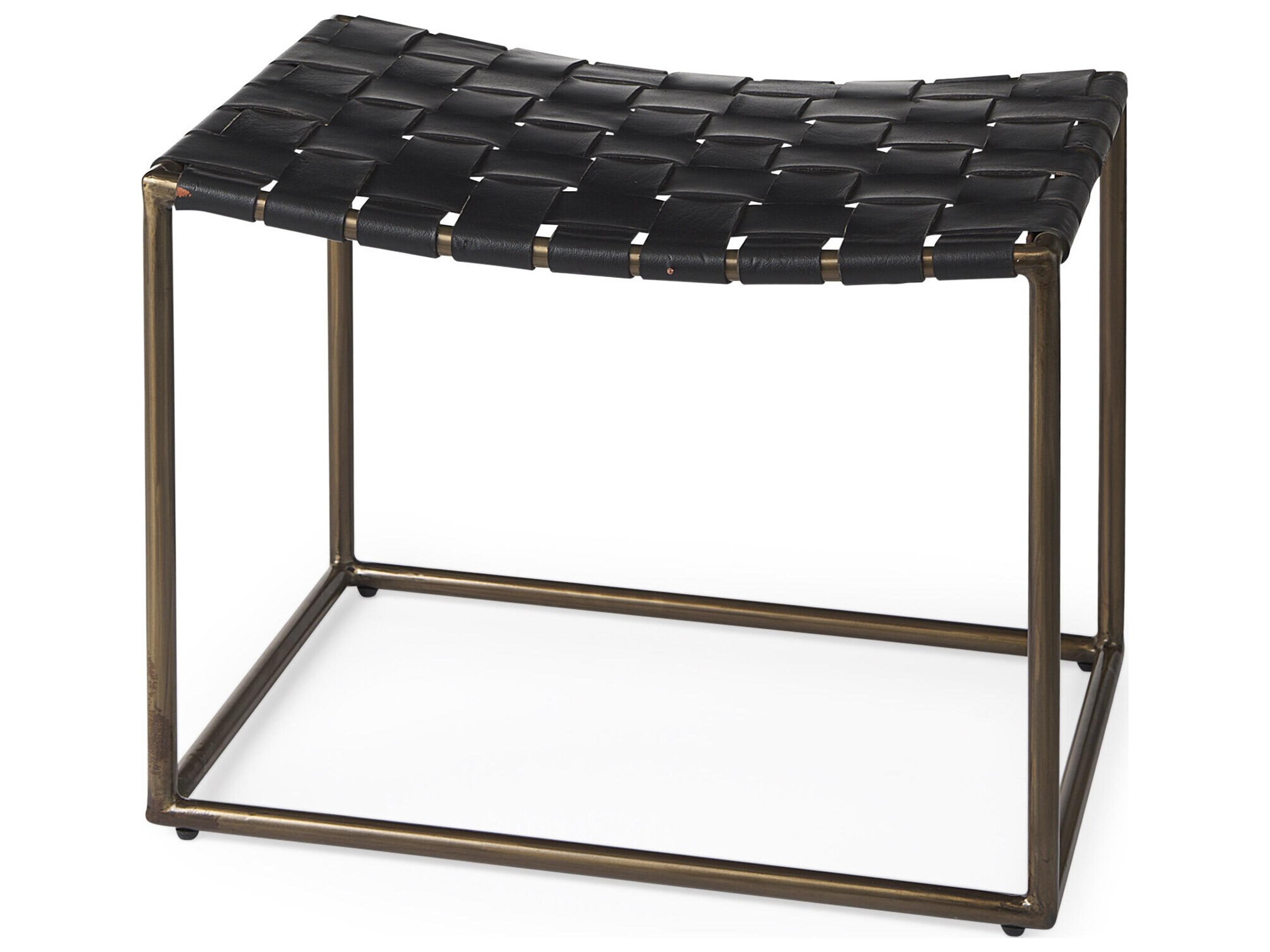 Clarissa 22.0L x 16.0W x 16.75H Black Leather Woven Seat W/ Gold Metal Frame Stool