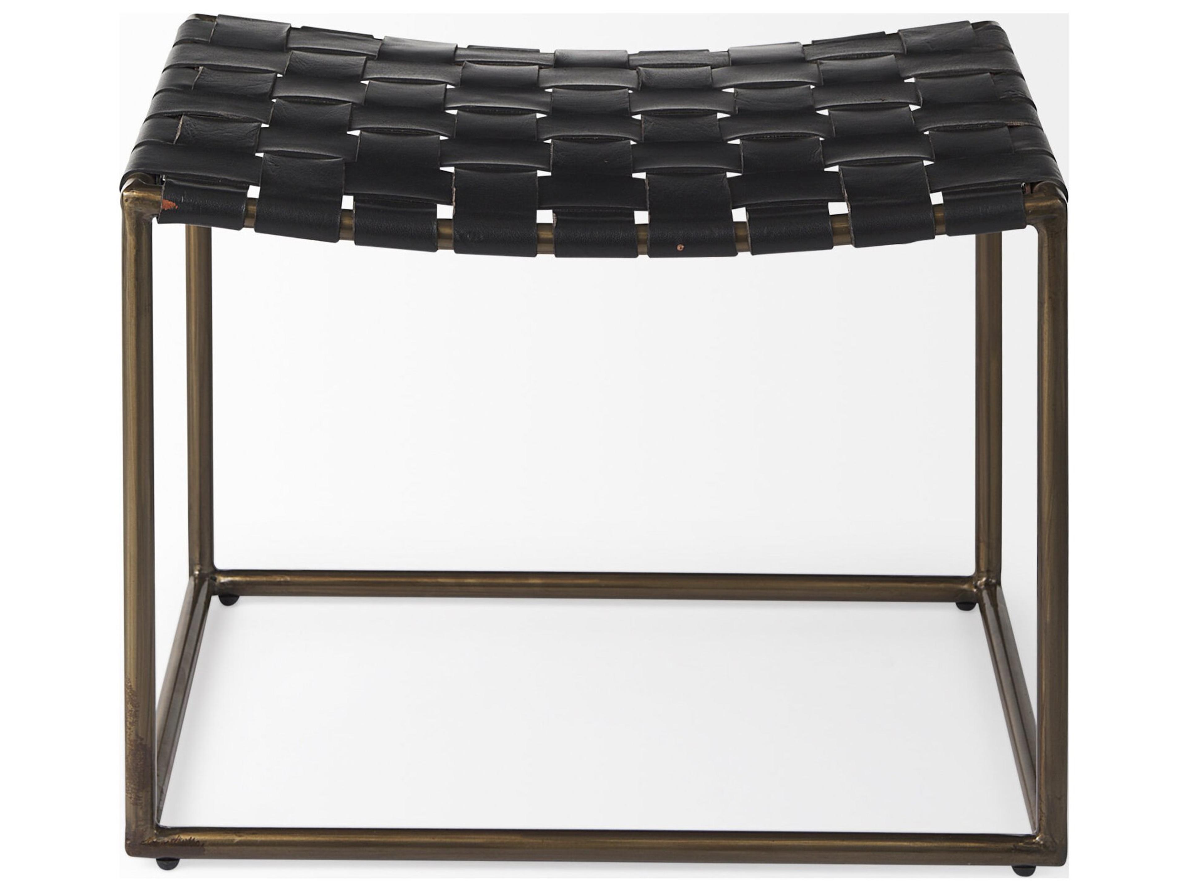 Mercana Clarissa 22.0L x 16.0W x 16.75H Black Leather Woven Seat W/ Gold Metal Frame Stool