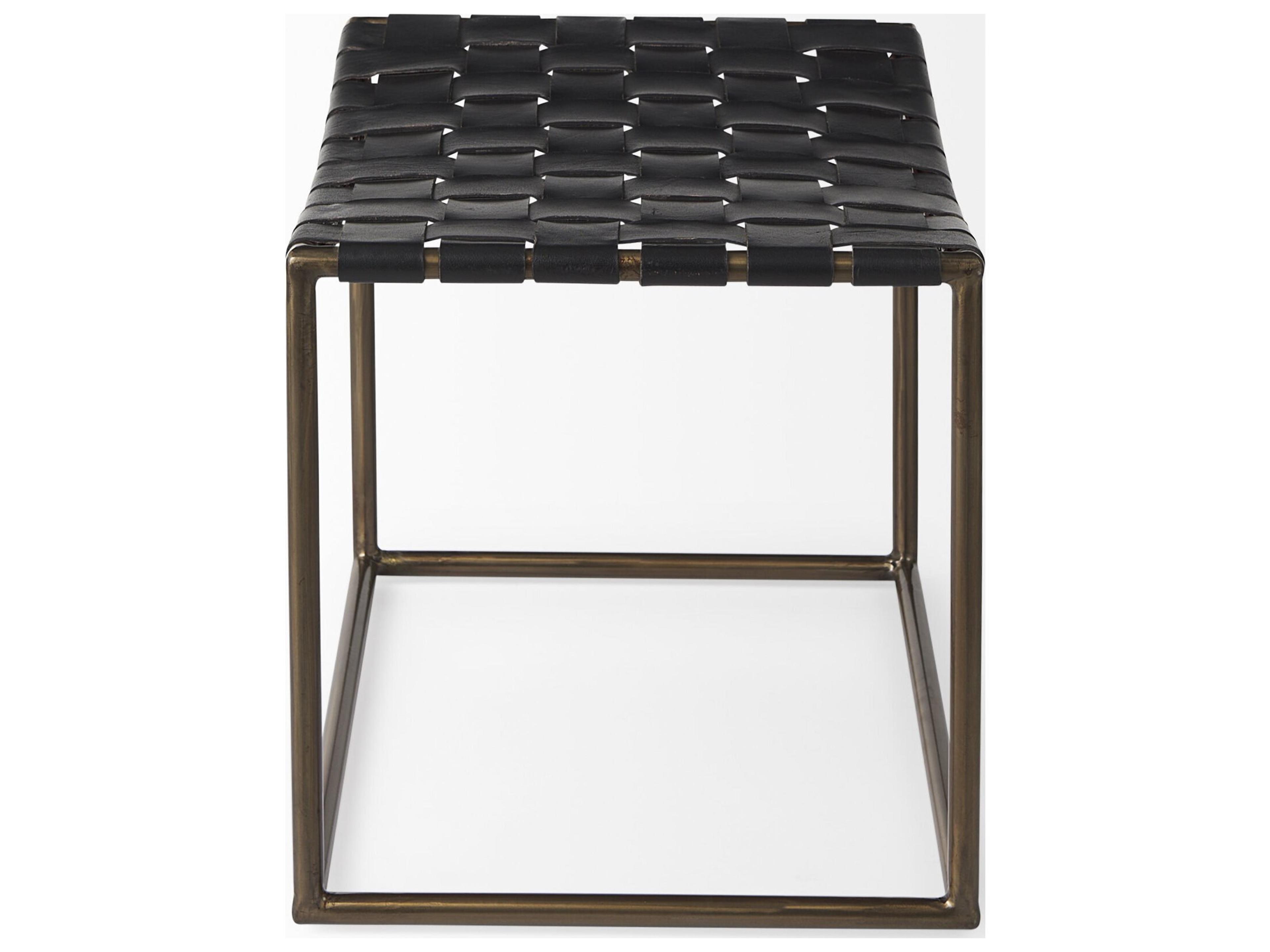 Mercana Clarissa 22.0L x 16.0W x 16.75H Black Leather Woven Seat W/ Gold Metal Frame Stool