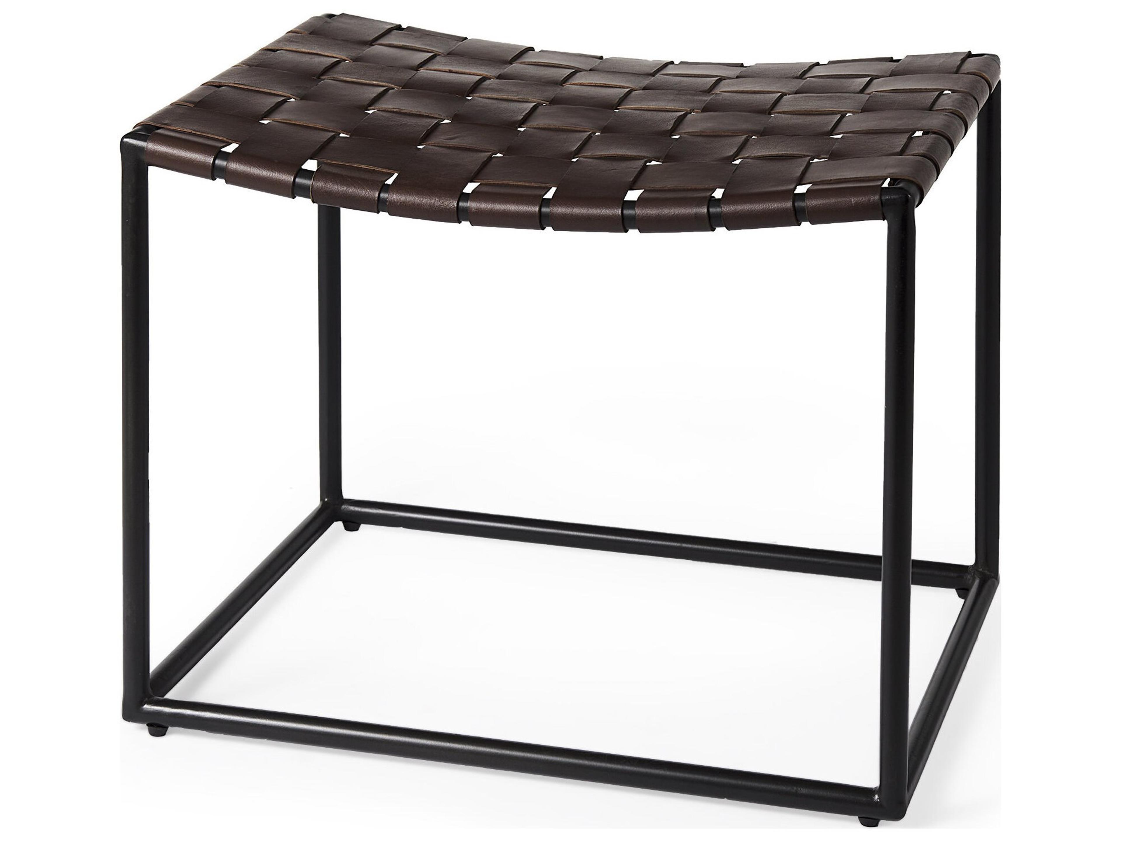Clarissa 22.0L x 16.0W x 16.5H Brown Leather Woven Seat W/ Black Metal Frame Stool