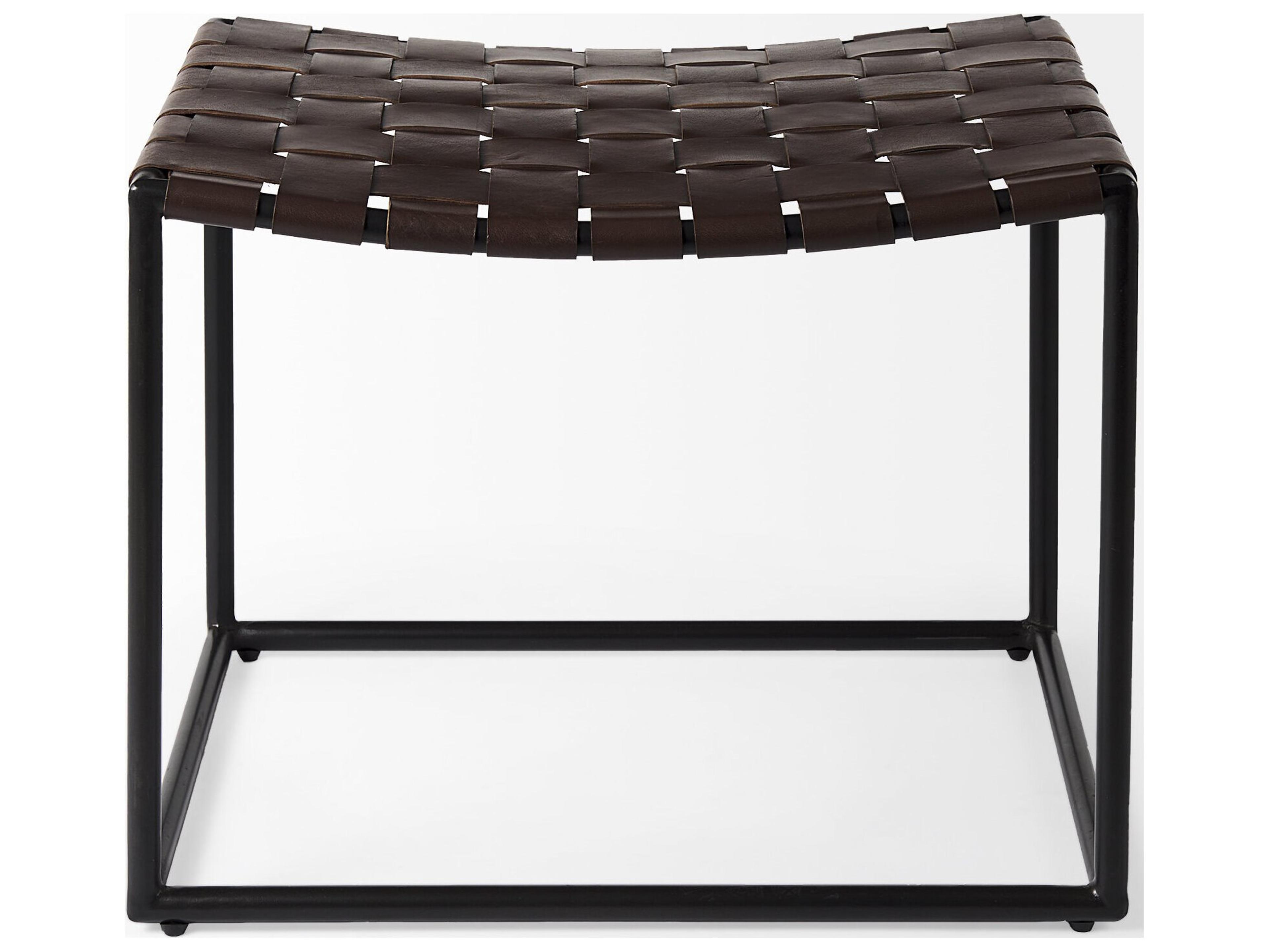 Mercana Clarissa 22.0L x 16.0W x 16.5H Brown Leather Woven Seat W/ Black Metal Frame Stool