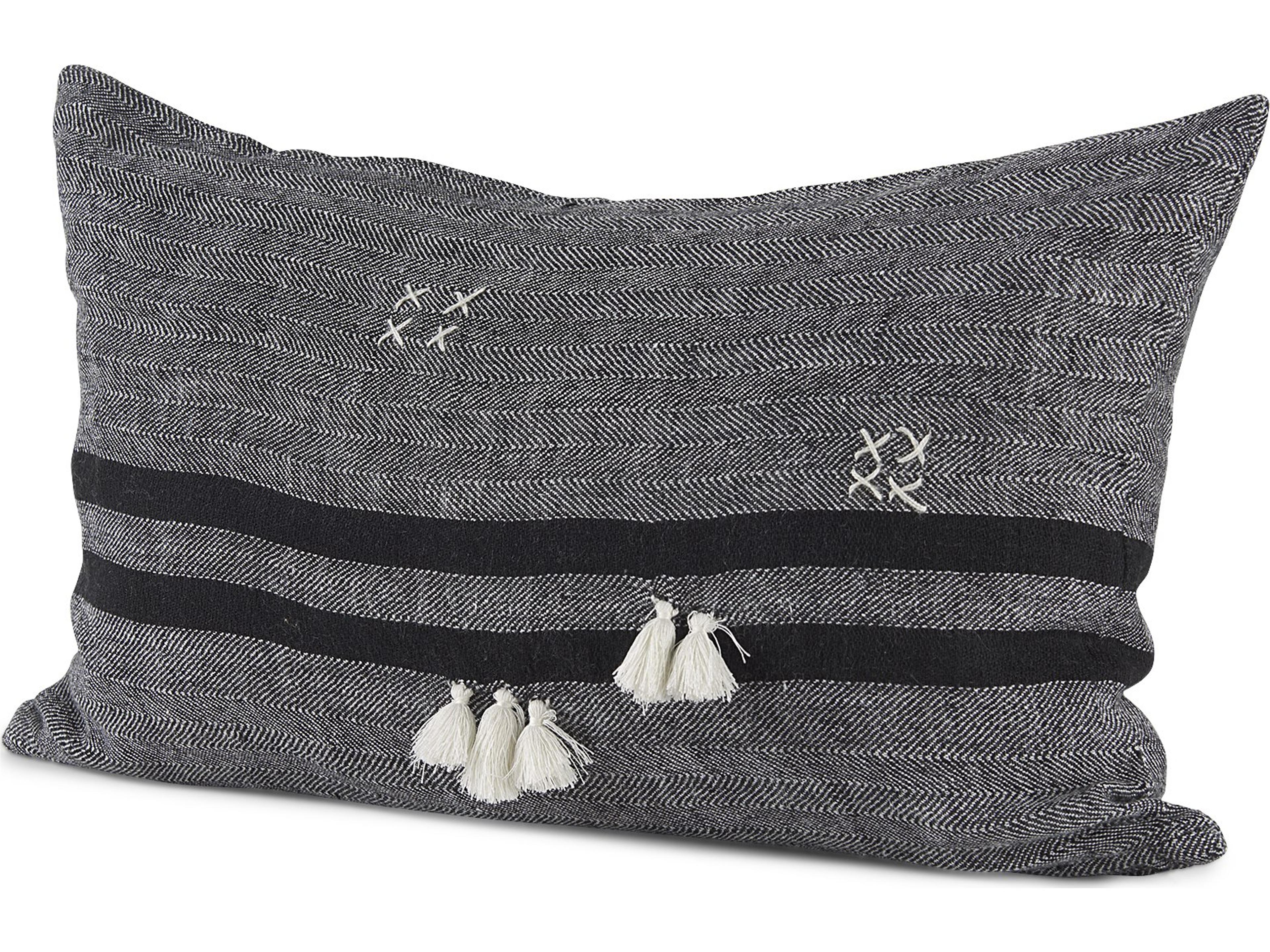 Sibyl 13L x 21W Black Fabric Striped and White Fringed Decorative Pillow Cover