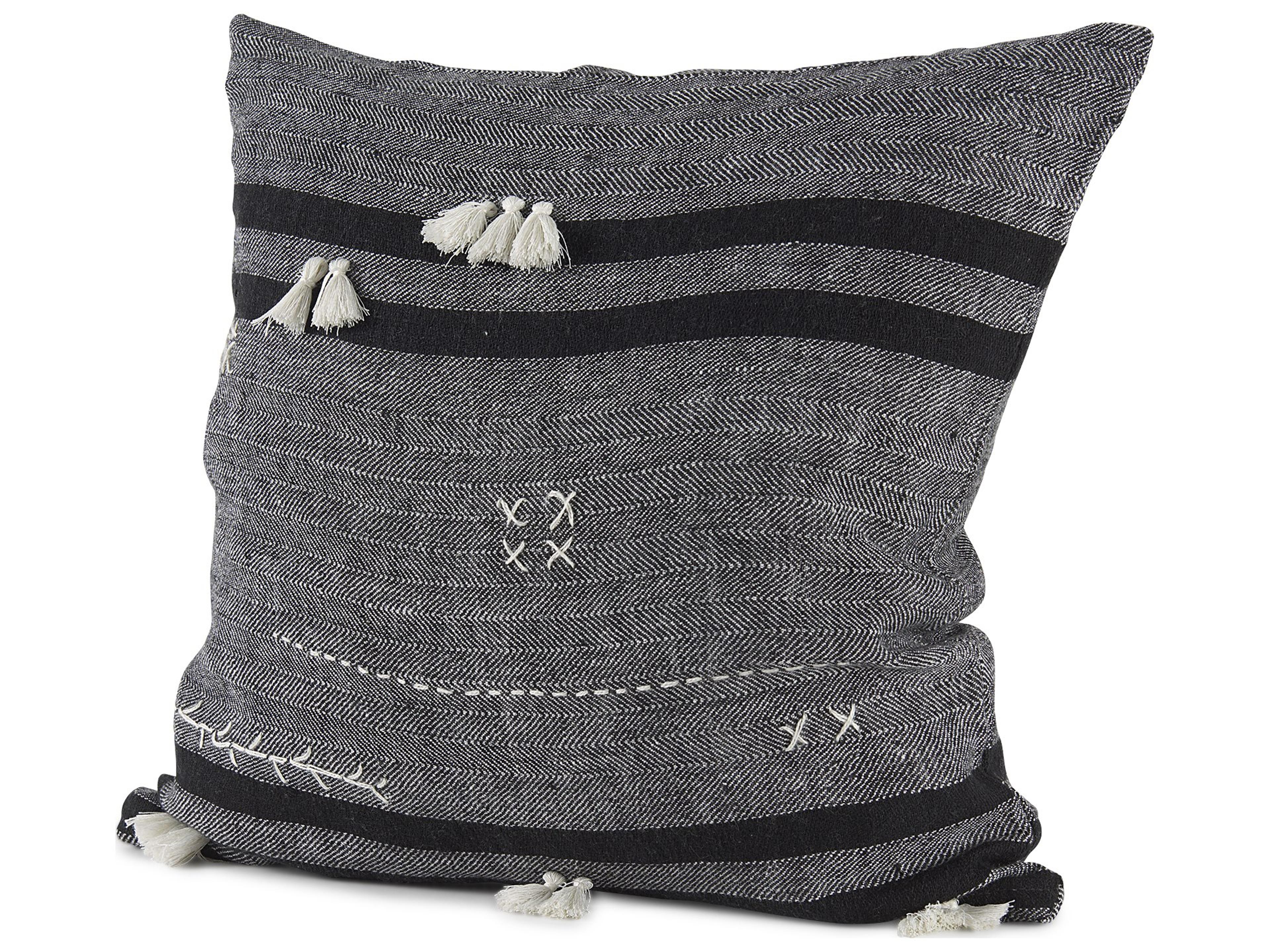 Sibyl 18L x 18W Black Fabric Striped and White Fringed Decorative Pillow Cover