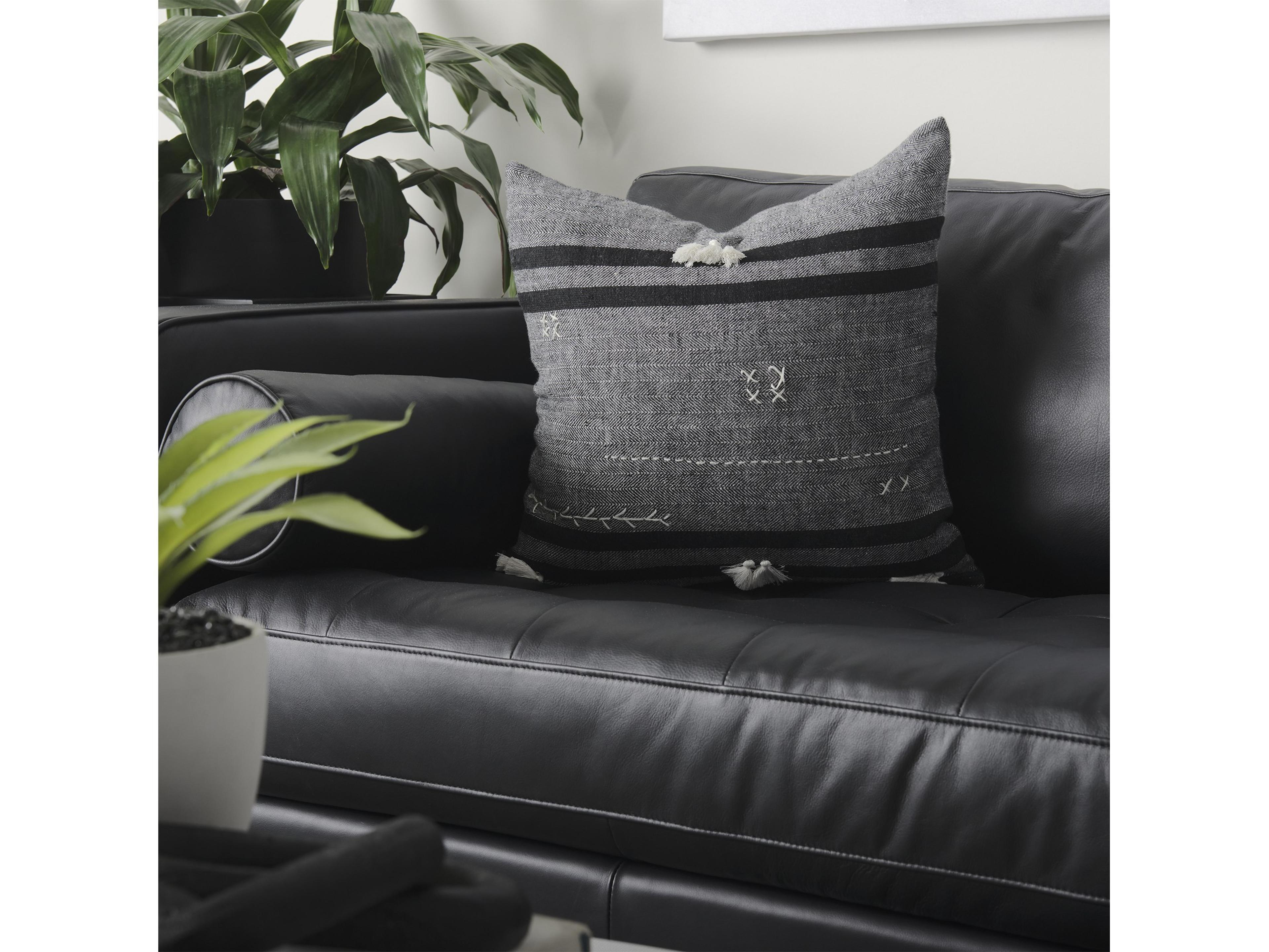 Mercana Sibyl 18L x 18W Black Fabric Striped and White Fringed Decorative Pillow Cover