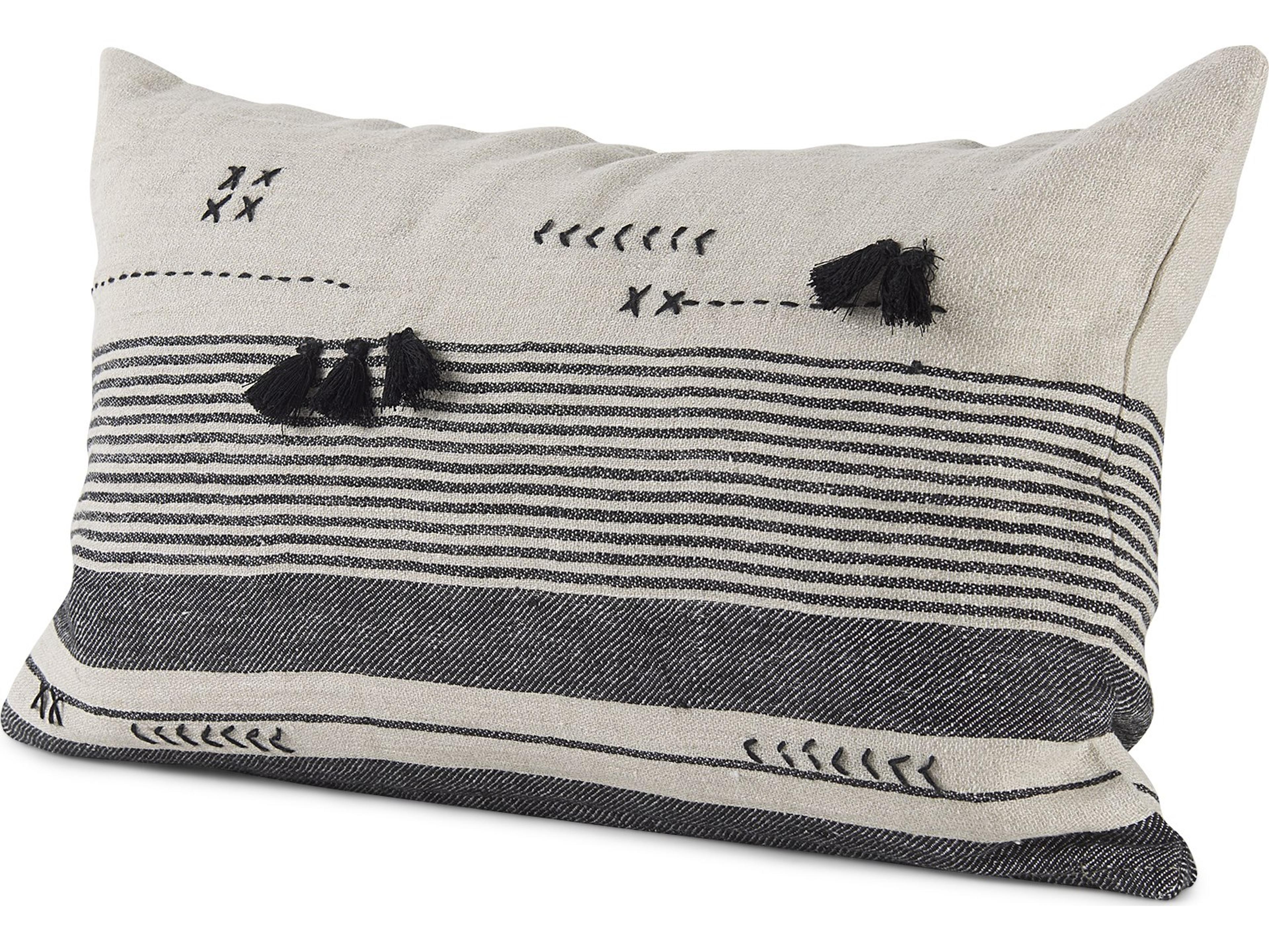 Thalia 13L x 21W Black and Beige Fabric Striped and Fringed Decorative Pillow Cover
