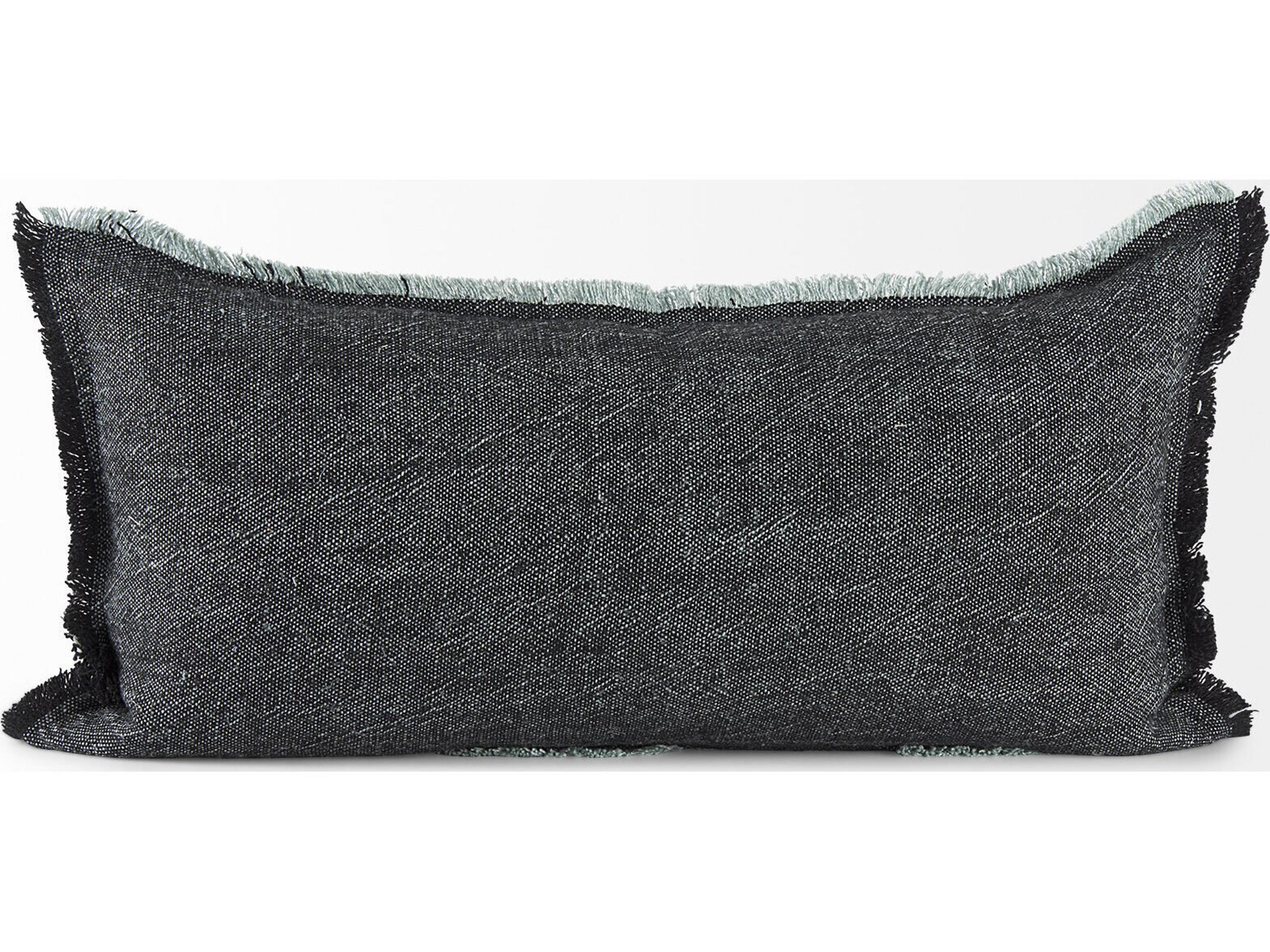 Mercana Malia 14L x 26W Black and Teal Fabric Fringed Decorative Pillow Cover