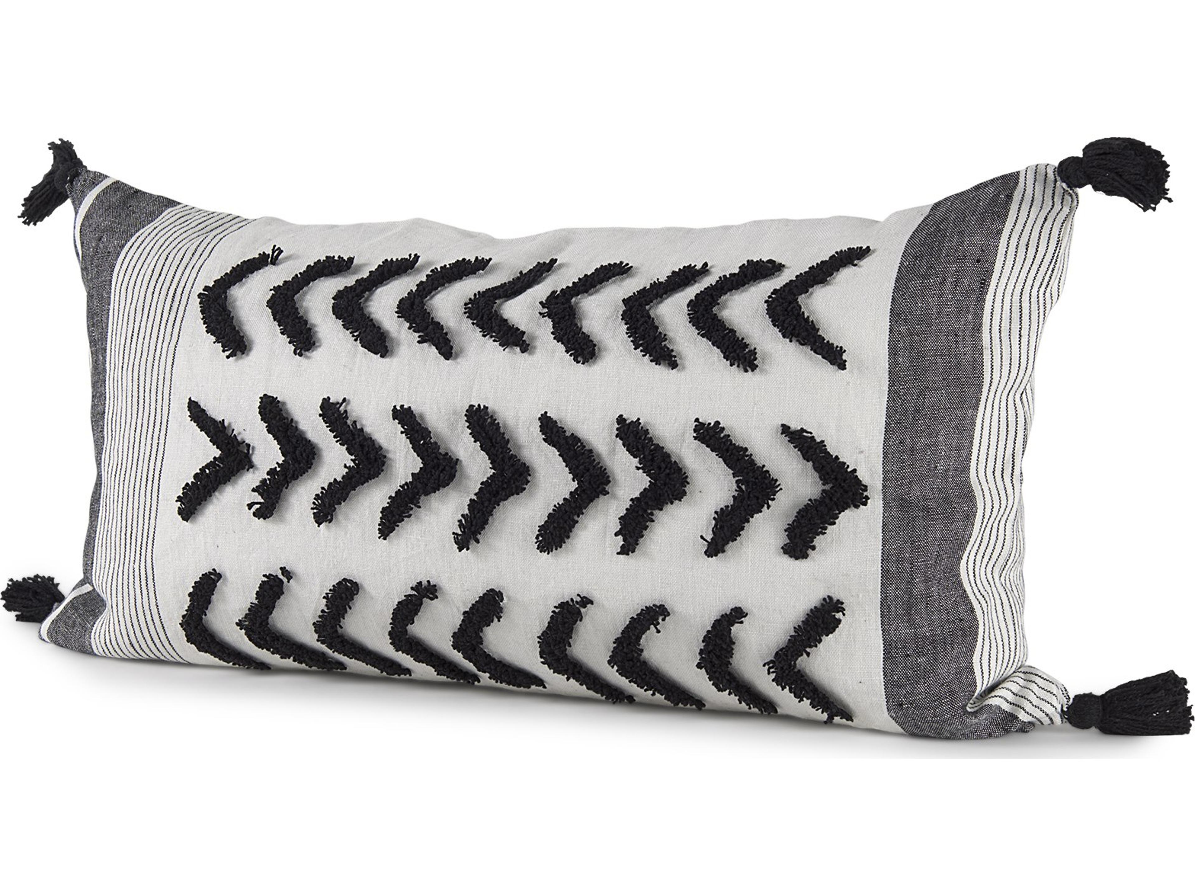 Kimia 14L x 26W White and Black Fabric Herringbone and Fringed Decorative Pillow Cover