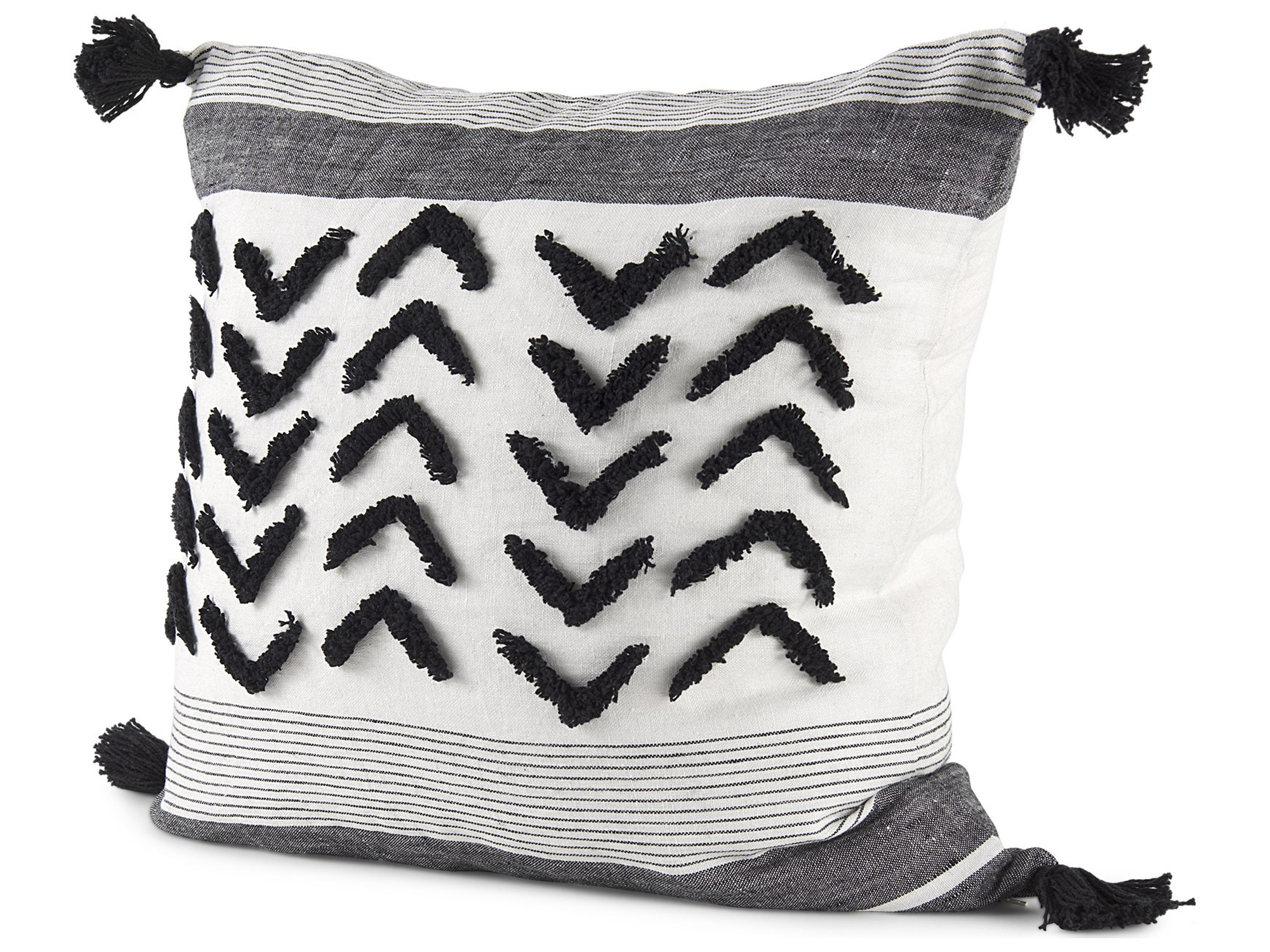 Kimia 20L x 20W White and Black Fabric Herringbone and Fringed Decorative Pillow Cover