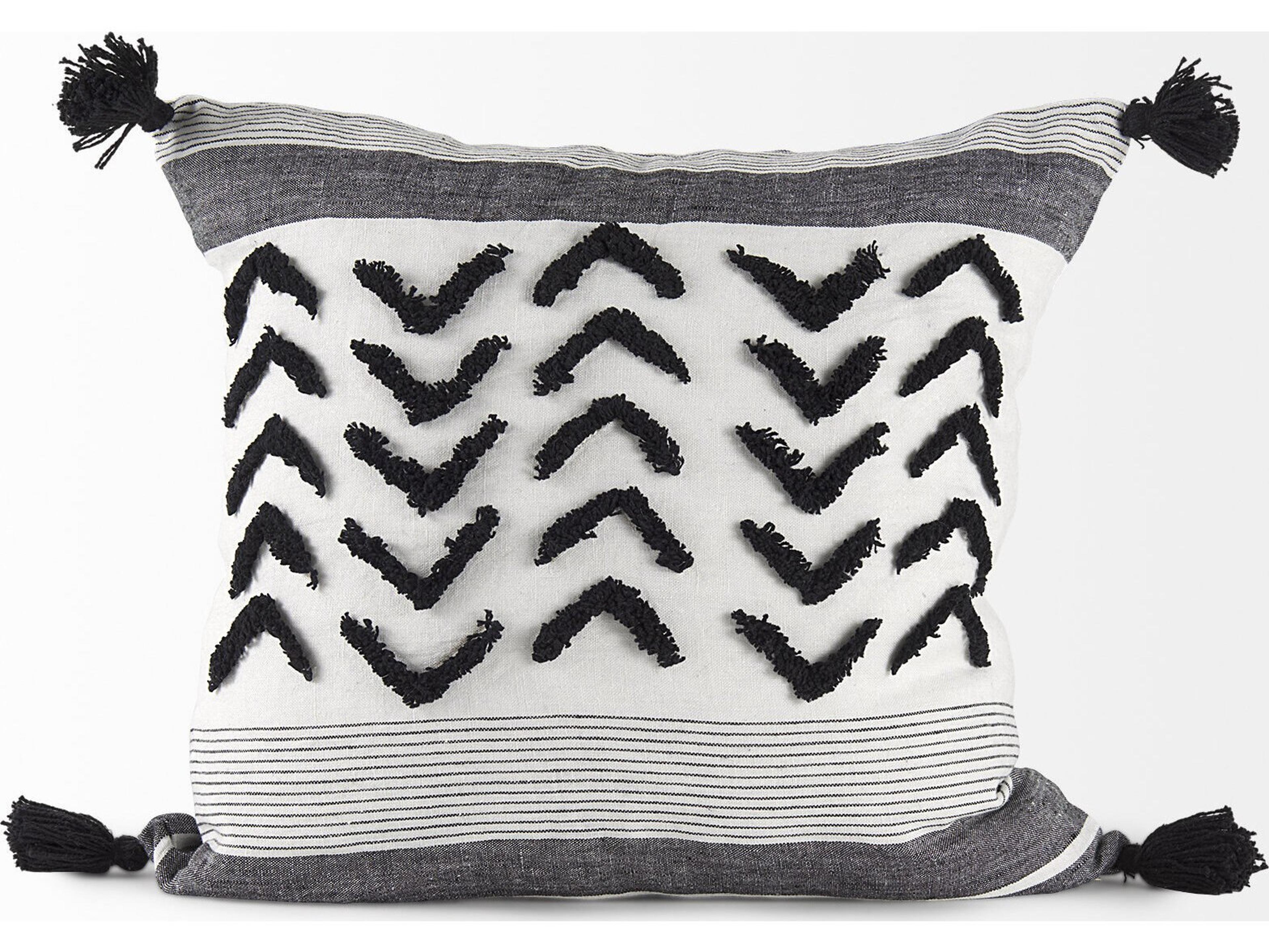 Mercana Kimia 20L x 20W White and Black Fabric Herringbone and Fringed Decorative Pillow Cover