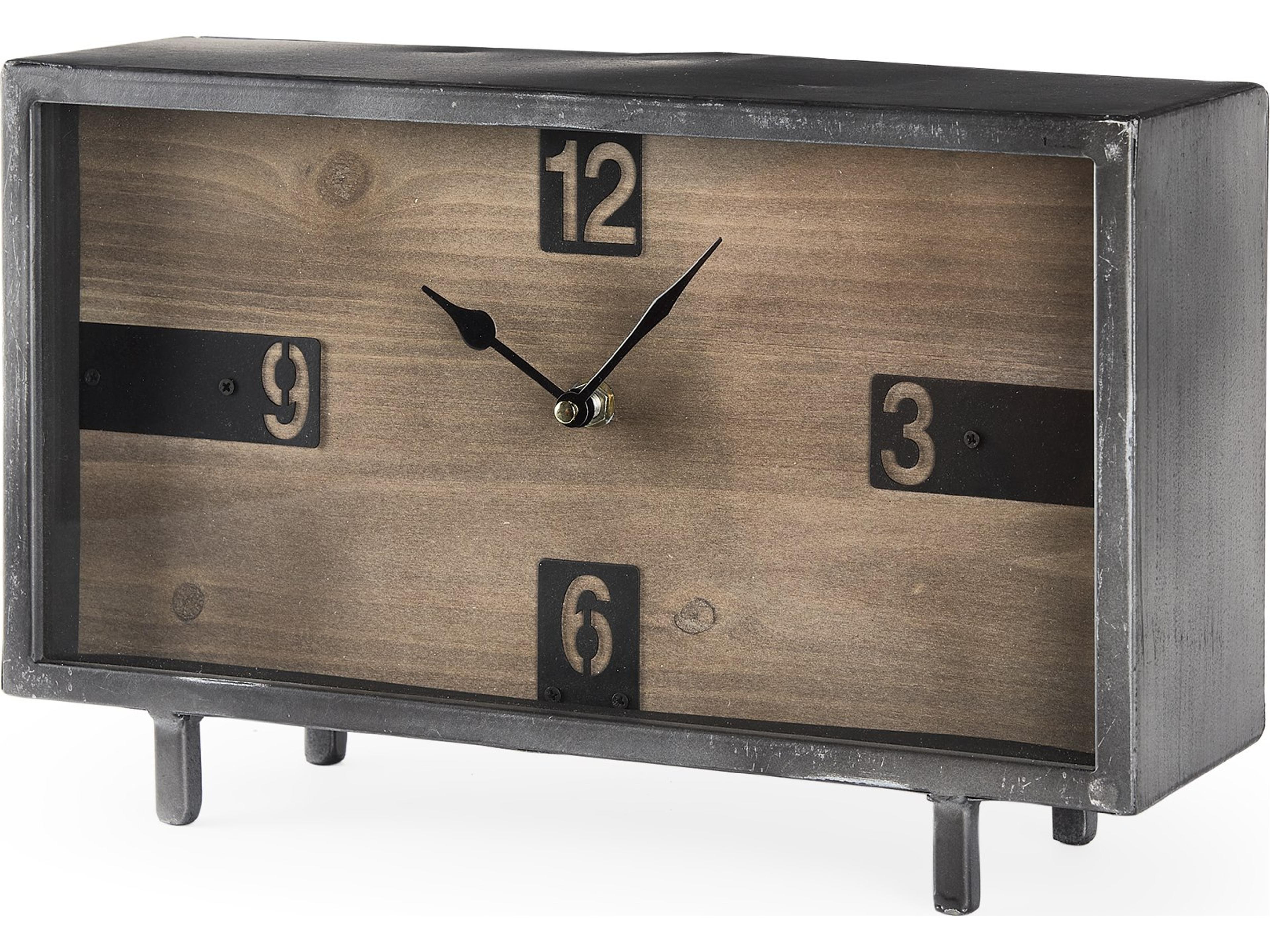 Mercana Harvey 13.0L x 4.5W x 8.1H Black Metal and Wood Rectangular Table Clock
