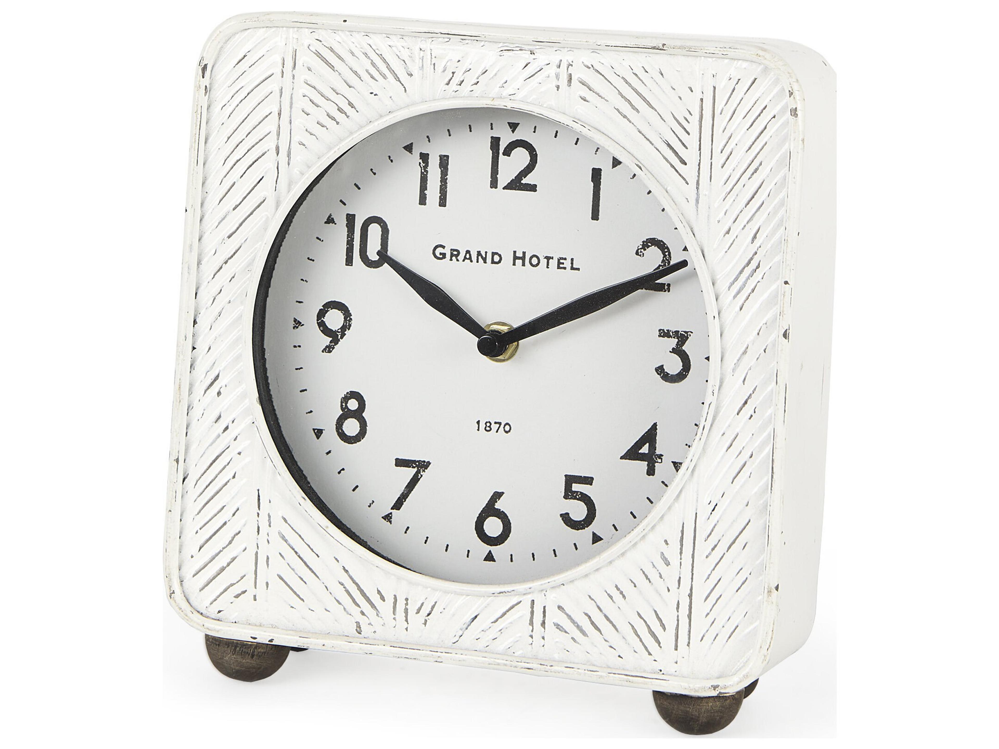 Karl 8.0L x 2.8W x 8.8H Rustic White Iron Rounded Square Table Clock