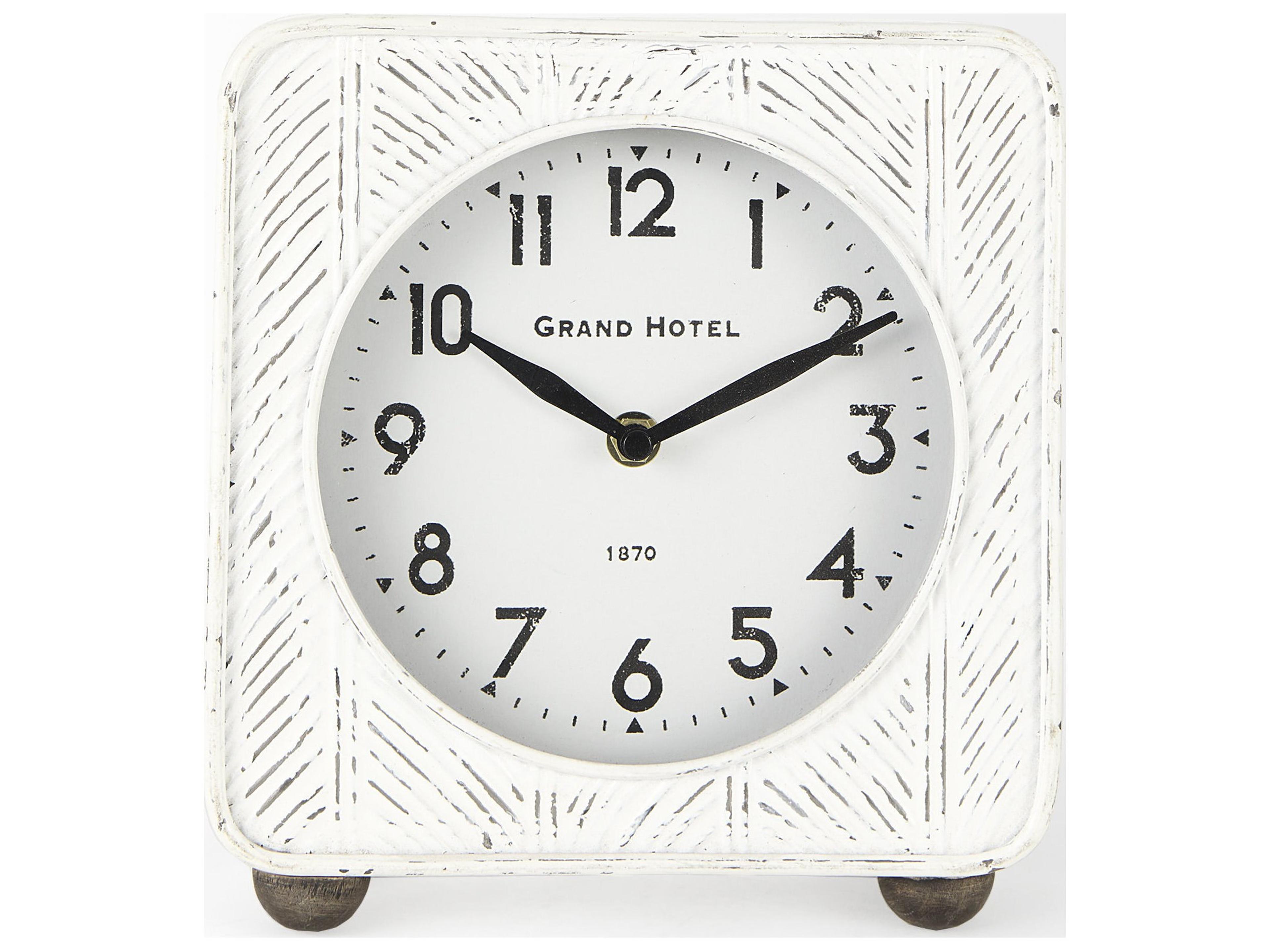 Mercana Karl 8.0L x 2.8W x 8.8H Rustic White Iron Rounded Square Table Clock