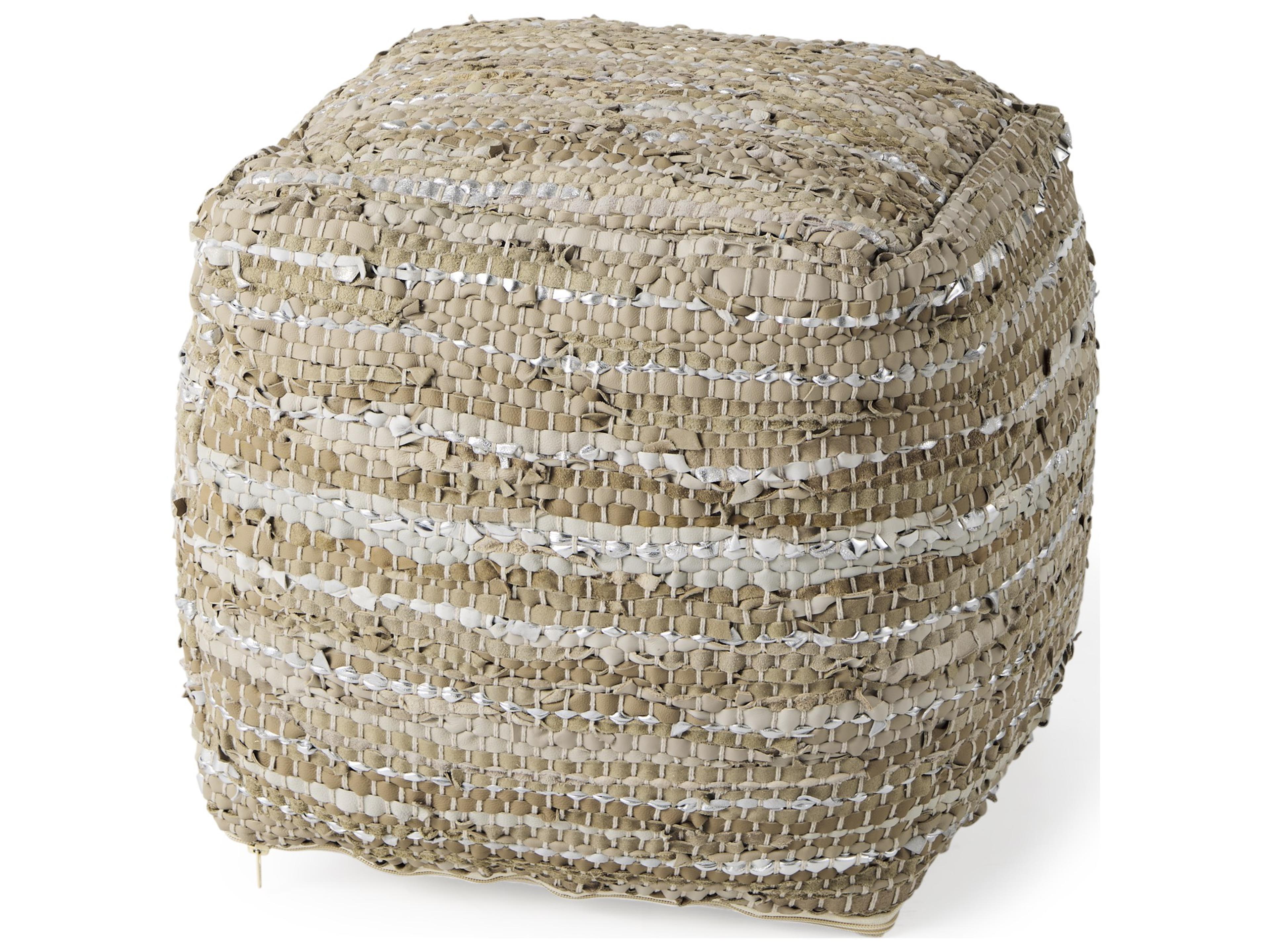 Mercana Aadhya 16.0L x 16.0W x 16.0H Taupe/Silver Leather and Cotton Pouf