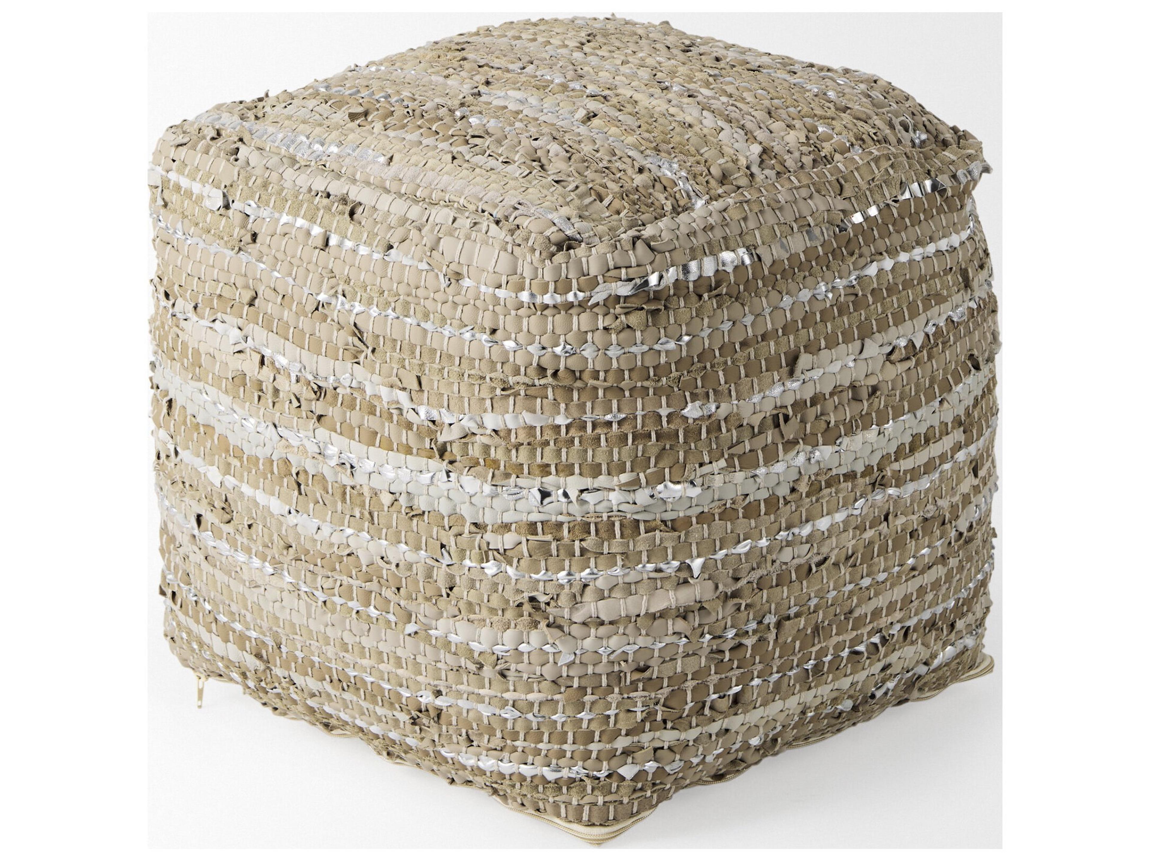 Mercana Aadhya 16.0L x 16.0W x 16.0H Taupe/Silver Leather and Cotton Pouf