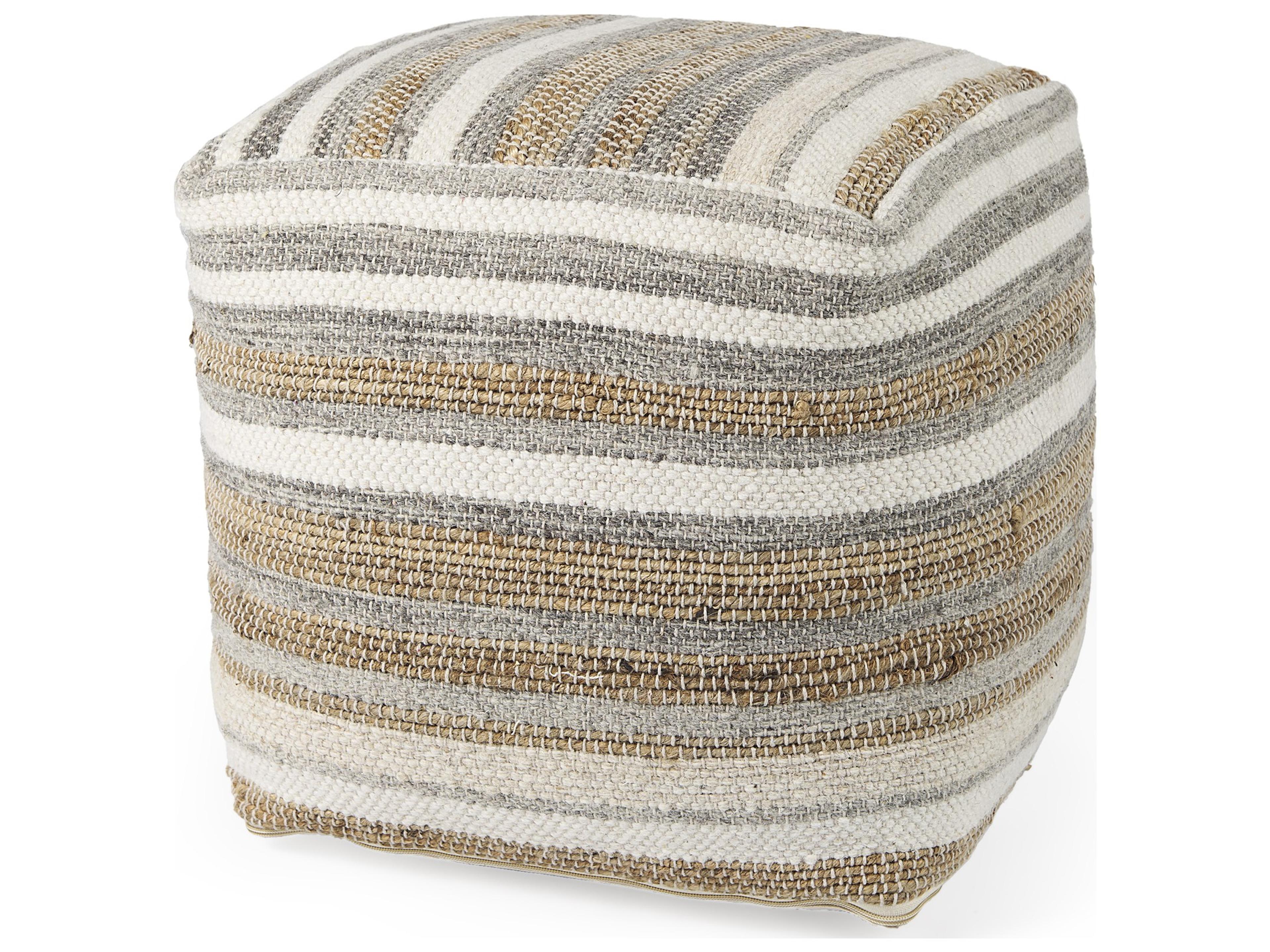 Mercana Aahana 16.0L x 16.0W x 16.0H White/Taupe/Gray Striped Hemp and Cotton Pouf