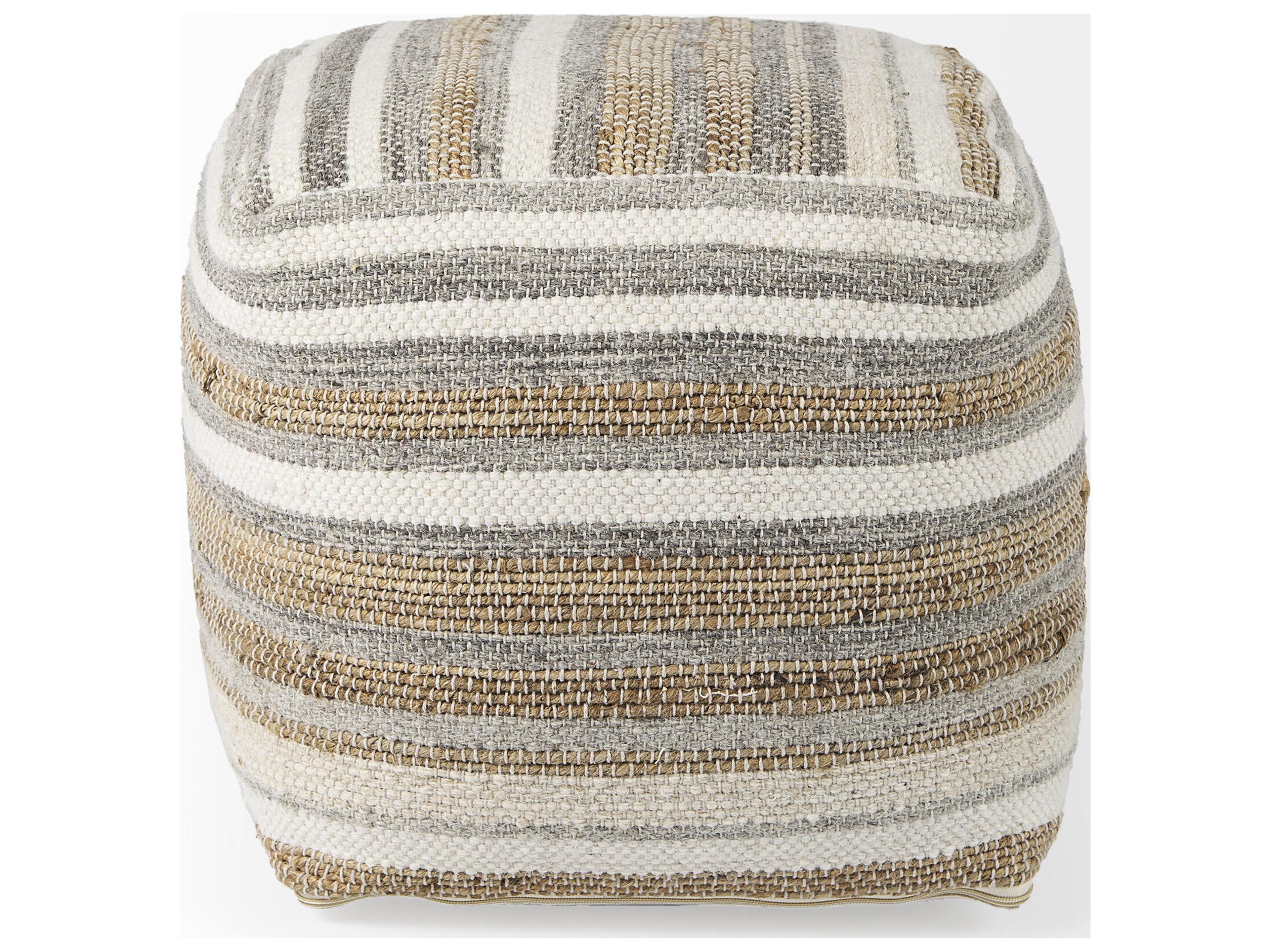 Mercana Aahana 16.0L x 16.0W x 16.0H White/Taupe/Gray Striped Hemp and Cotton Pouf