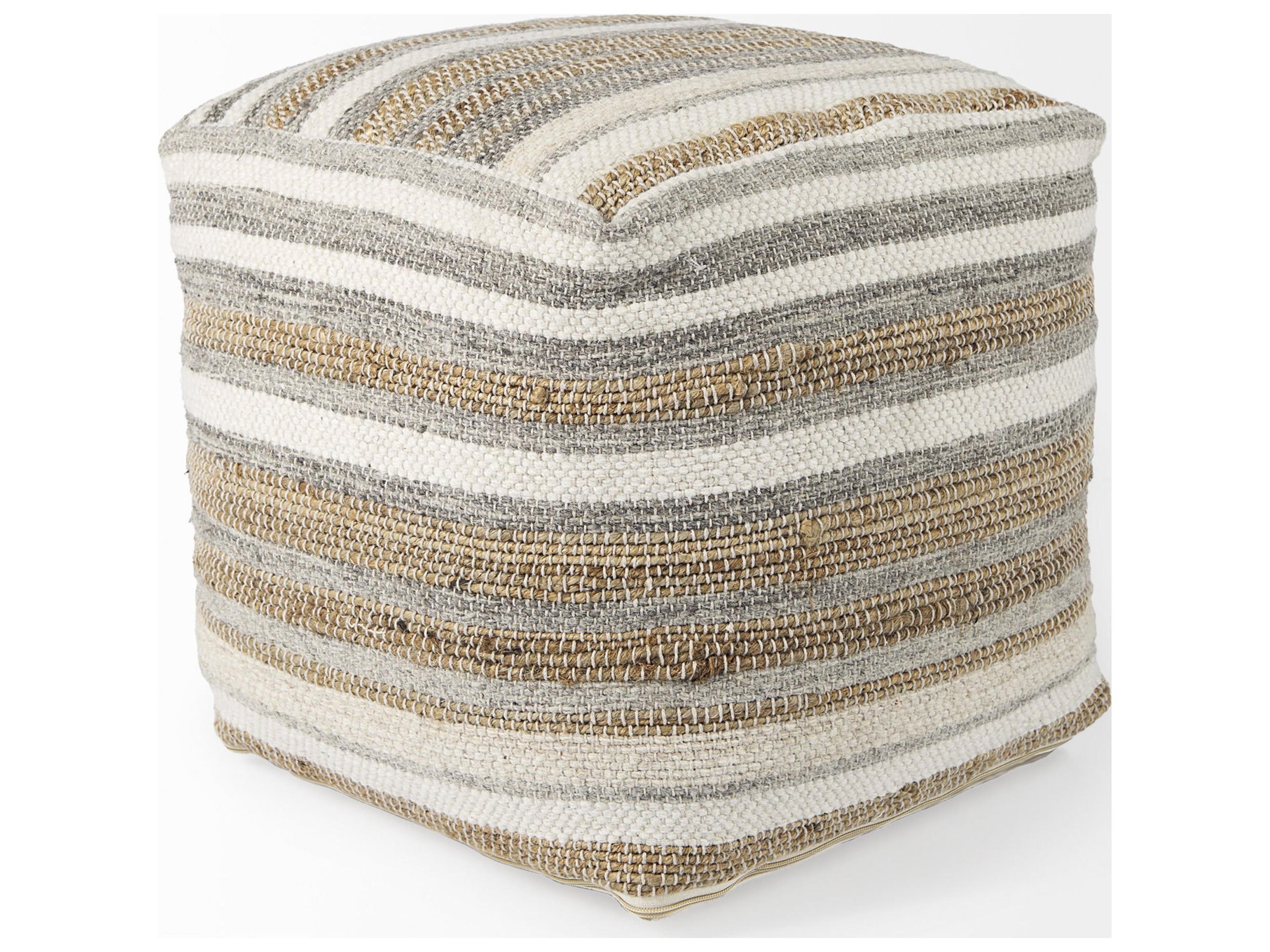 Mercana Aahana 16.0L x 16.0W x 16.0H White/Taupe/Gray Striped Hemp and Cotton Pouf